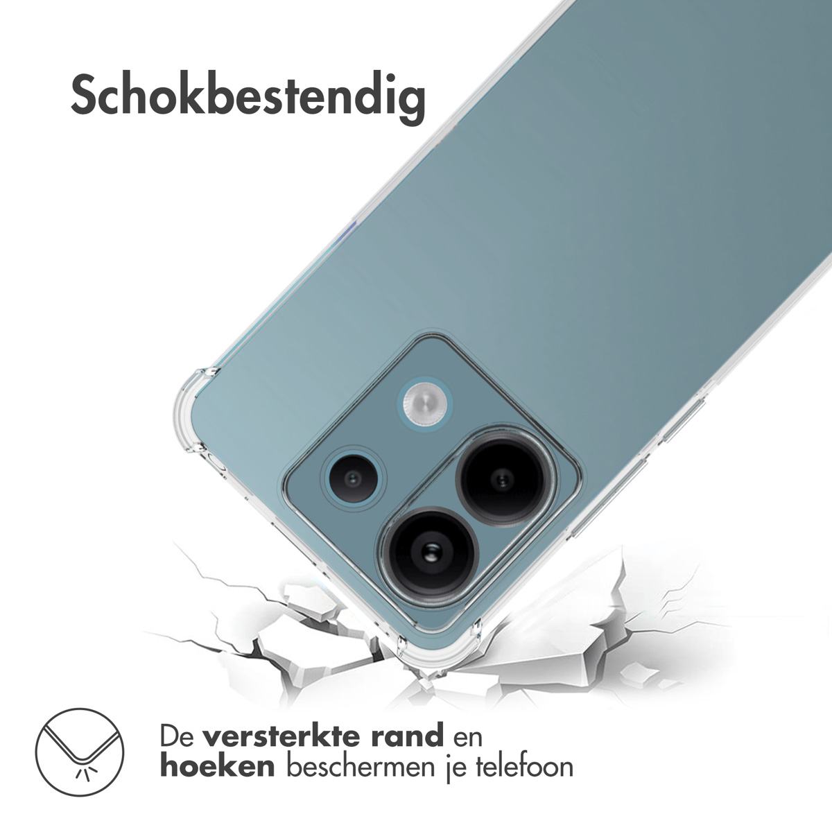Telefoon in een doorzichtige hoes, gebarsten oppervlak. De hoes en de telefoon zijn onbeschadigd.