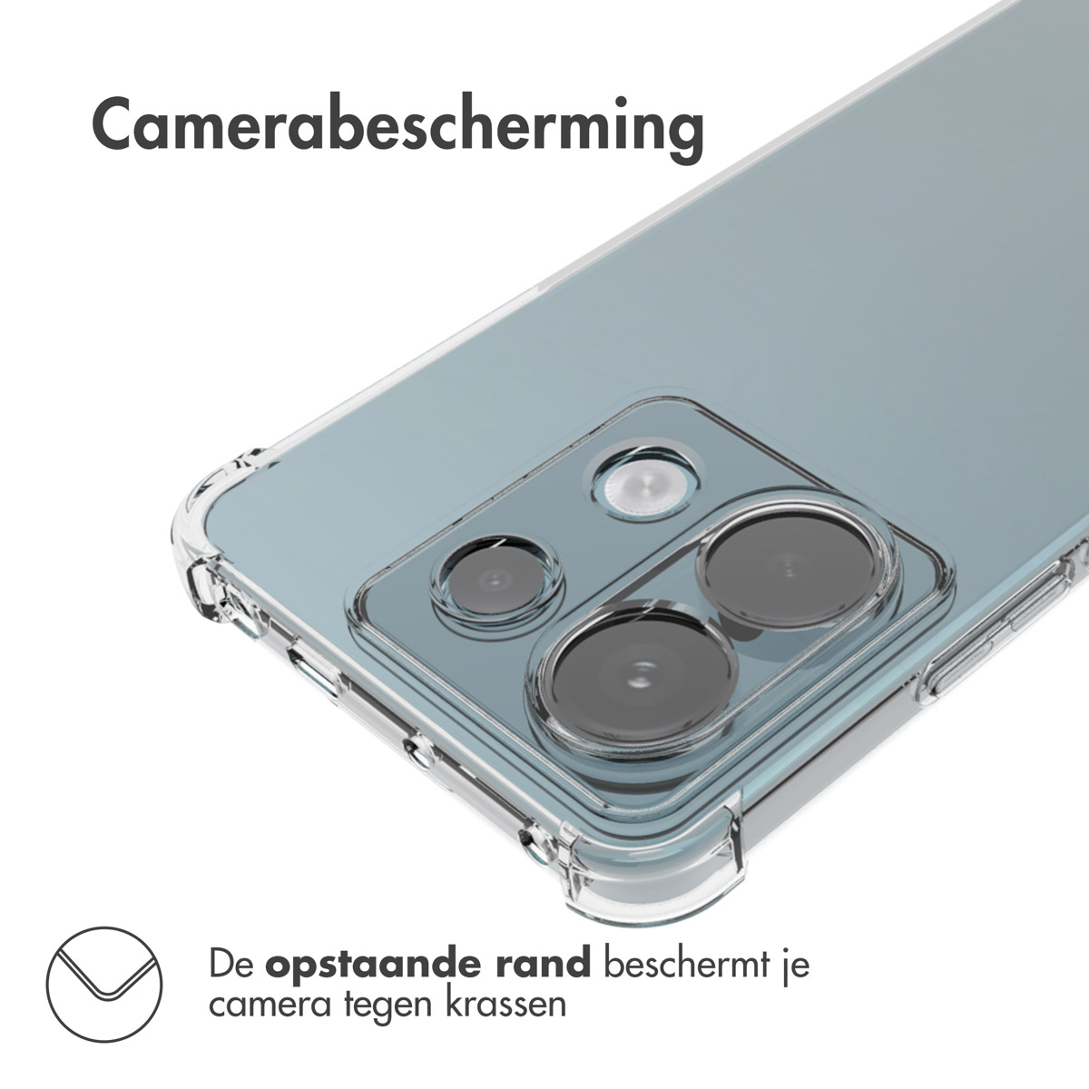 Transparante telefoonhoes met verhoogde randen die de cameralenzen beschermen. Tekst: 'Camerabescherming'.