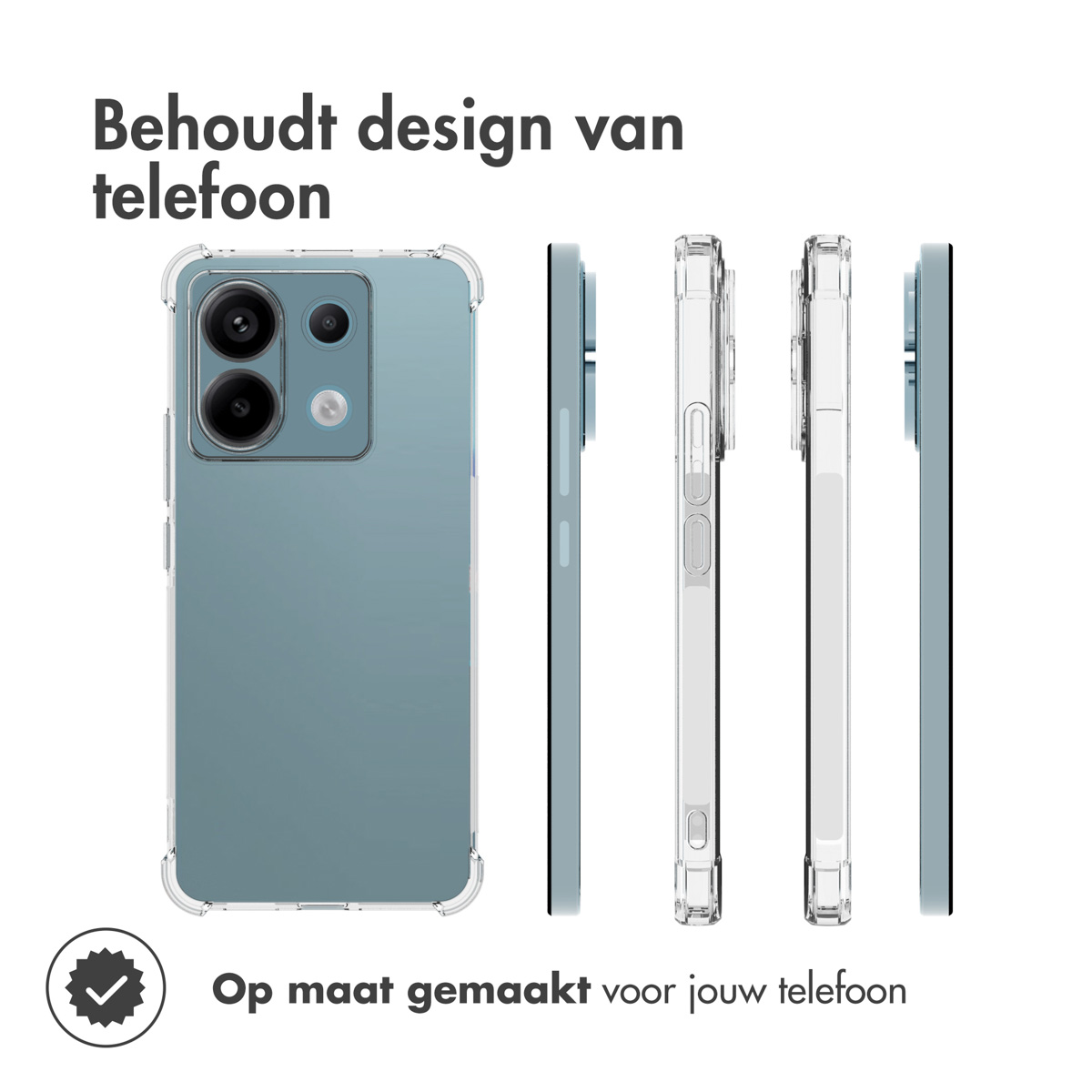 Een telefoon in een transparante hoes, die meerdere hoeken laat zien.