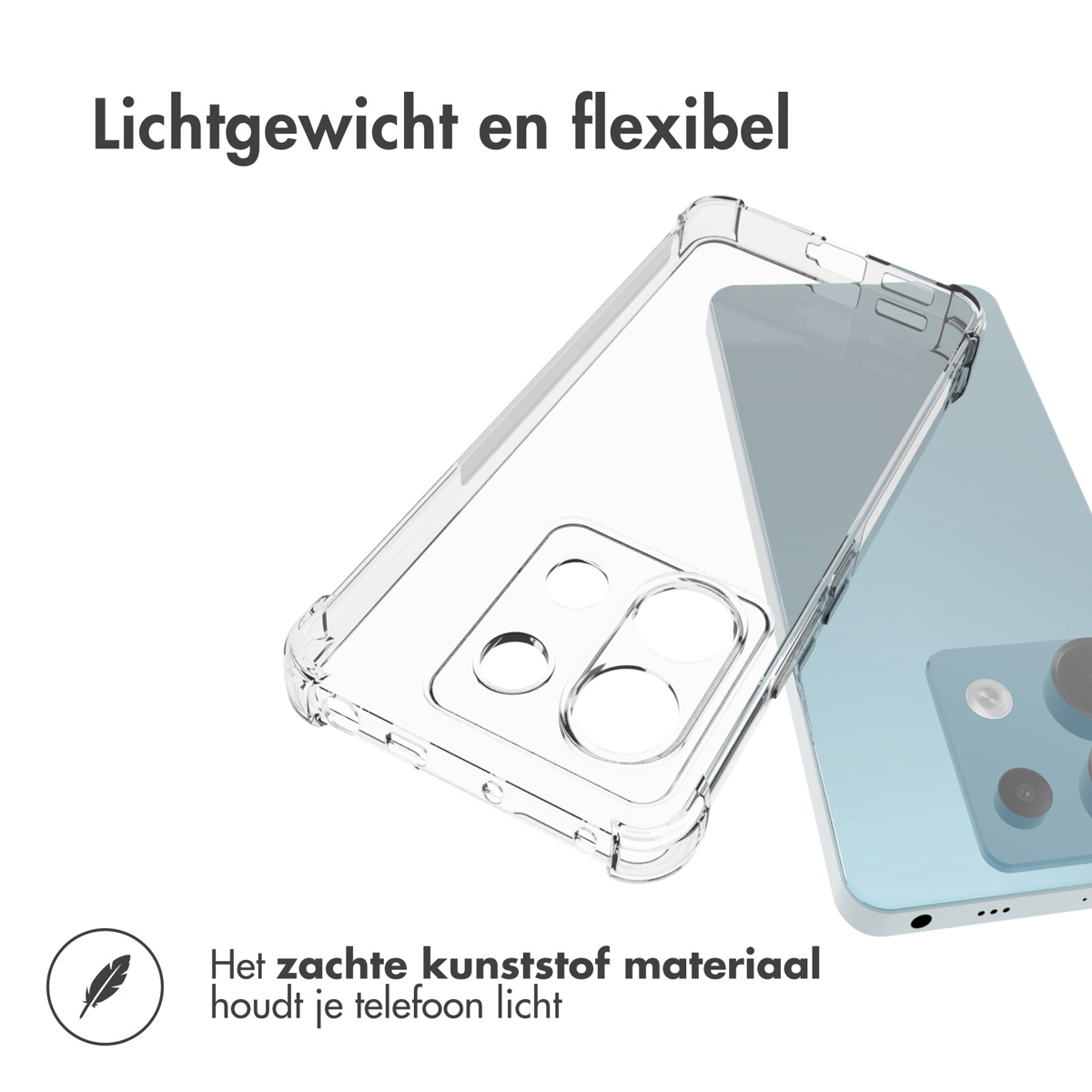 Transparante telefoonhoes op een blauwe telefoon. De hoes is licht en flexibel.