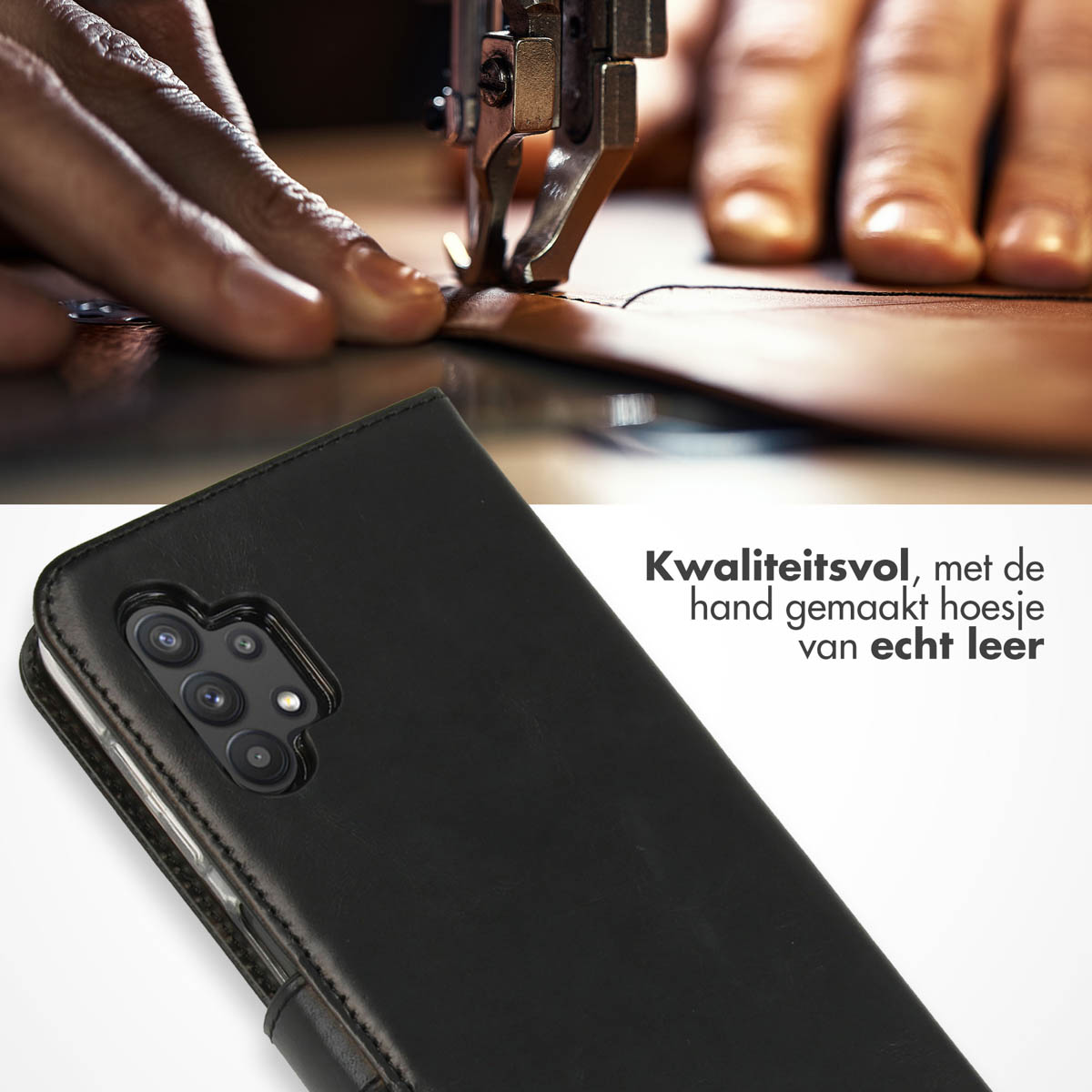 Una custodia per telefono in pelle nera che viene cucita con una macchina da cucire. Testo: 'Kwaliteitsvol'.
