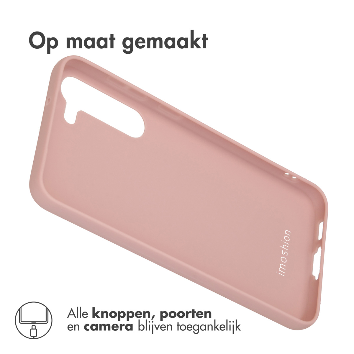 Een roze telefoonhoes met uitsparingen voor camera en poorten.