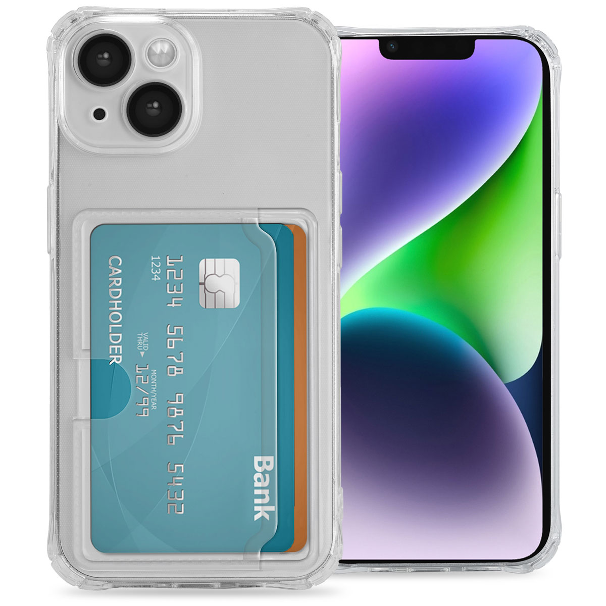 Coque transparente avec graphique de carte de crédit. Téléphone à l'intérieur. Fond blanc. Symbole de recyclage en haut à droite.