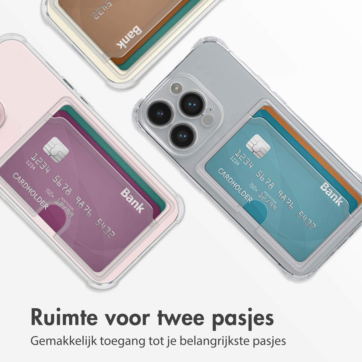 Coque de téléphone transparente avec des fentes pour cartes de crédit. Texte : Espace pour deux cartes.