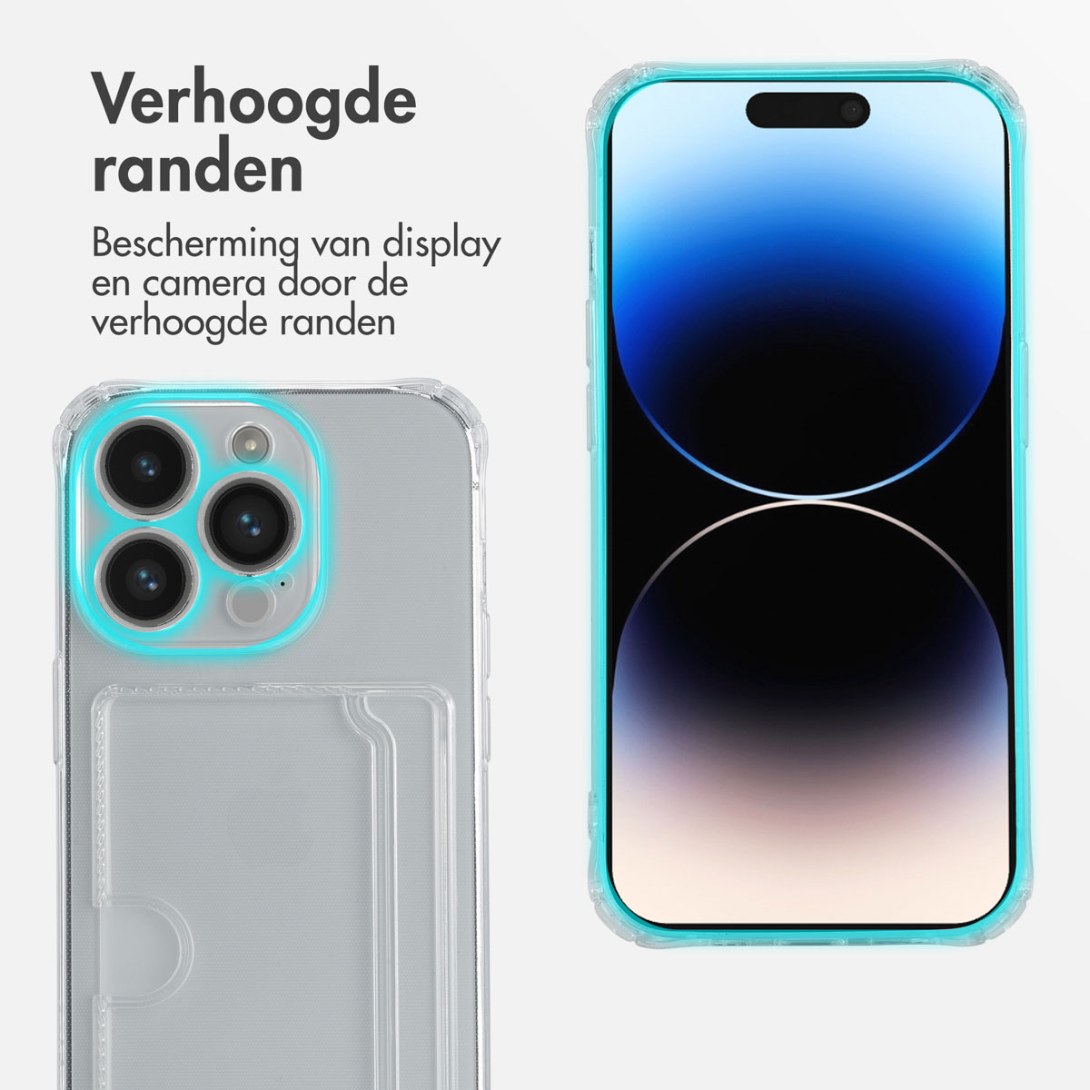 Téléphone avec une coque transparente, montrant la protection de l'écran et de la caméra.