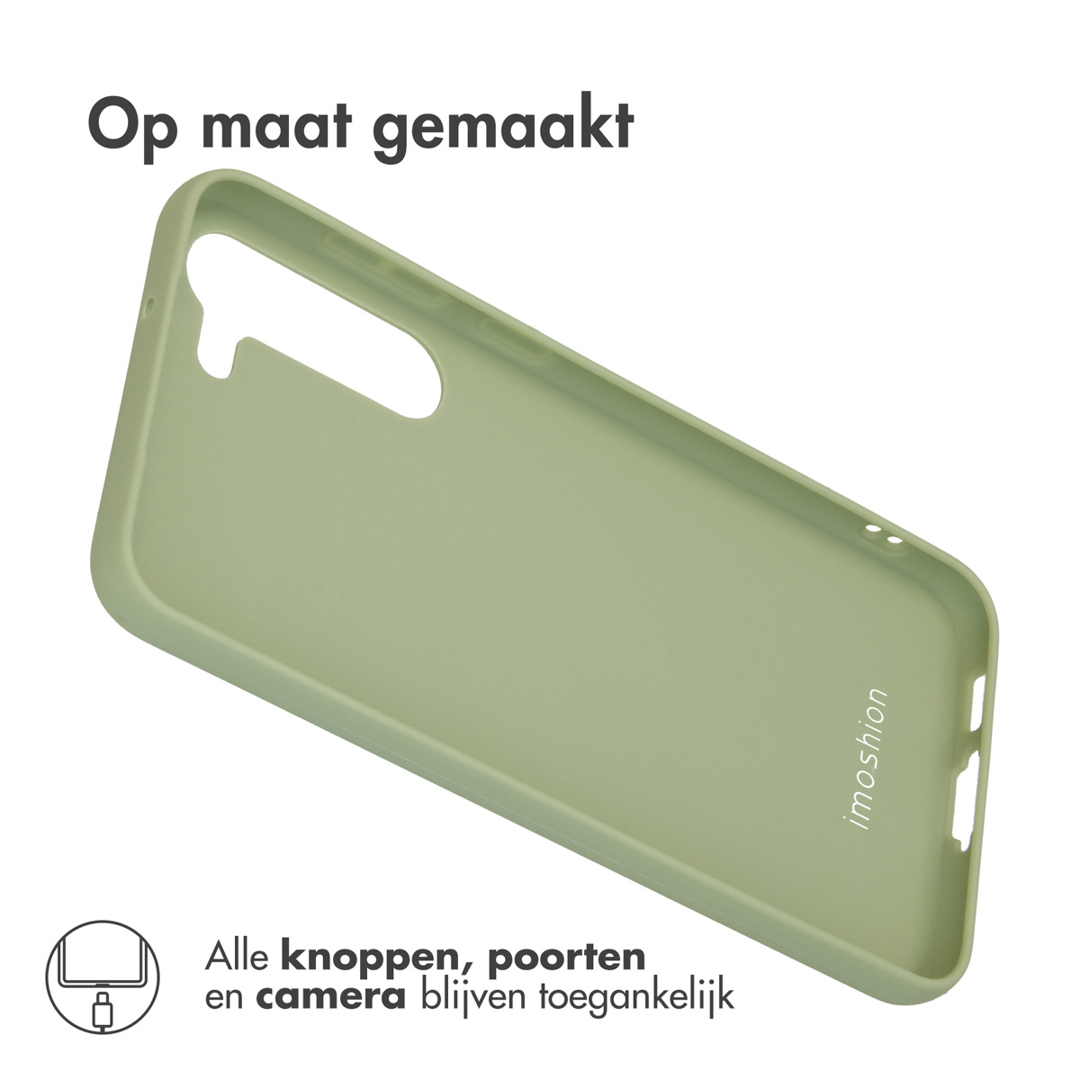 Een lichtgroene telefoonhoes ligt diagonaal. De tekst luidt: Op maat gemaakt.