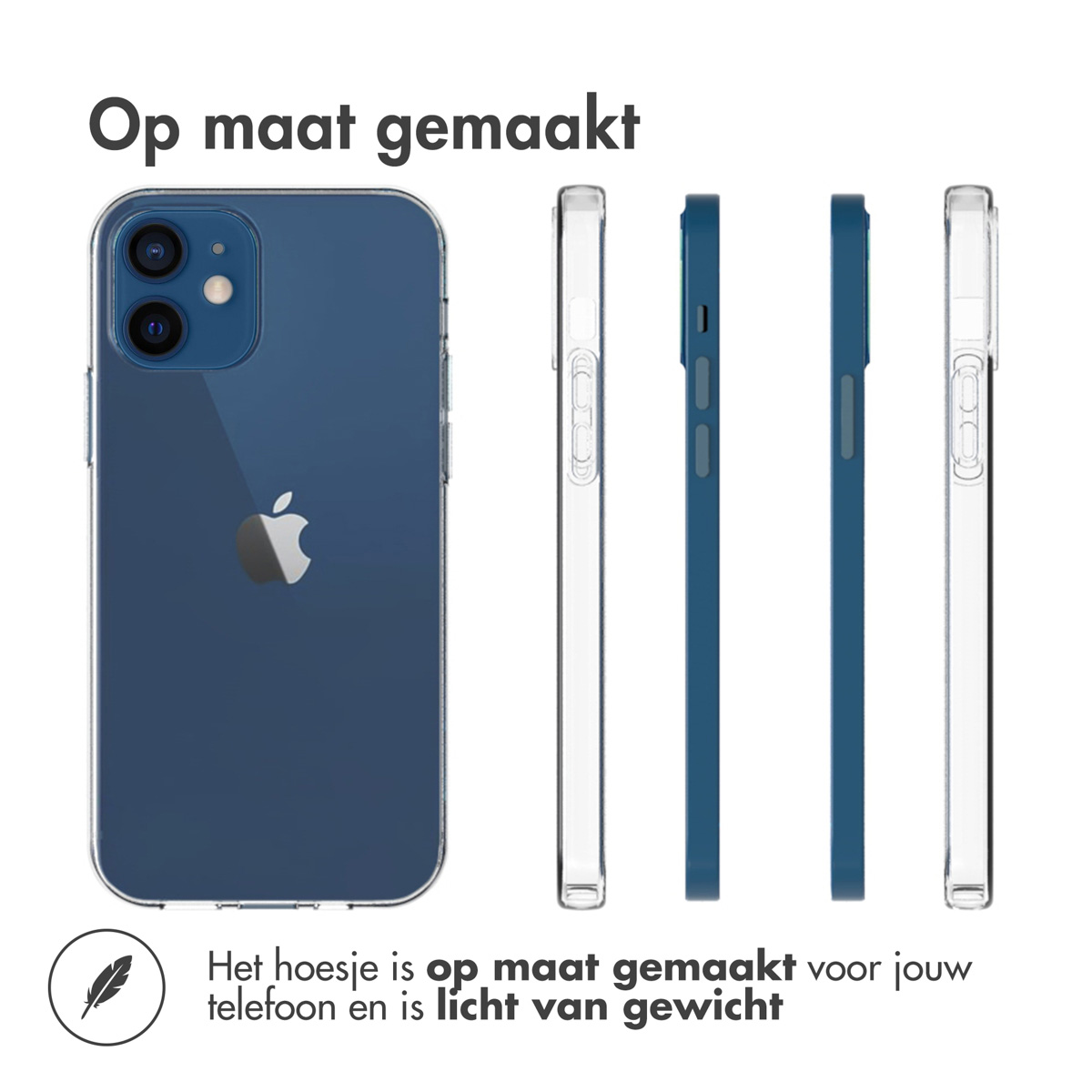 Coque de téléphone, bleue, avec un téléphone. Plusieurs vues. Le téléphone a un logo Apple.