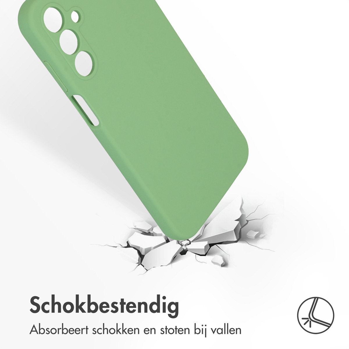 Groene telefoonhoes valt op een oppervlak en barst het. De hoes is schokbestendig.