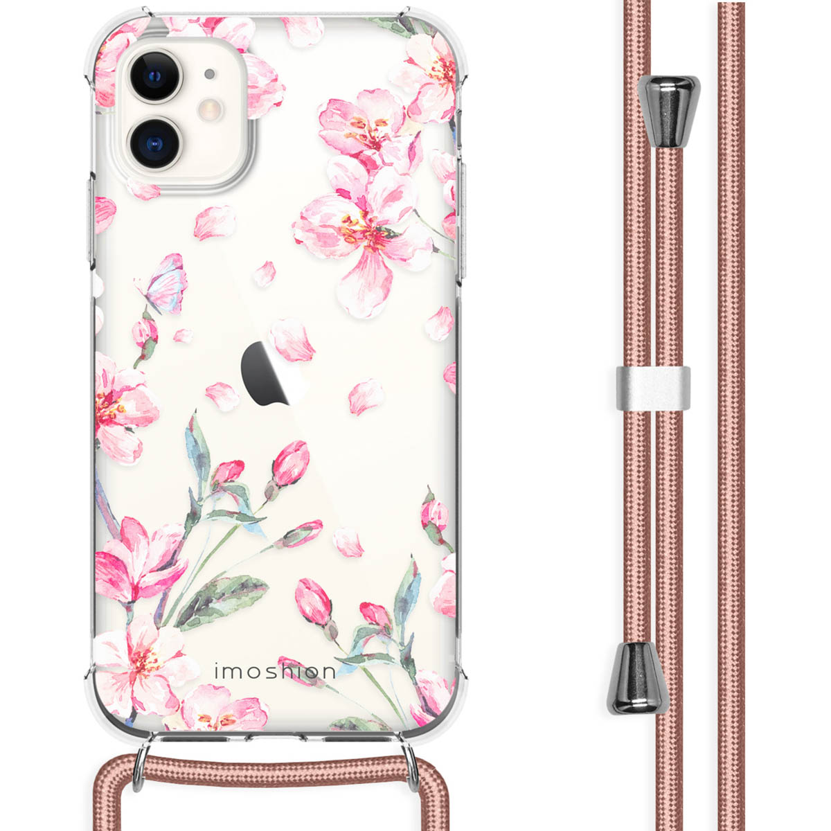 Transparante telefoonhoes met roze bloemenontwerp en een roze koord. De telefoon is transparant en heeft bloemenprints.