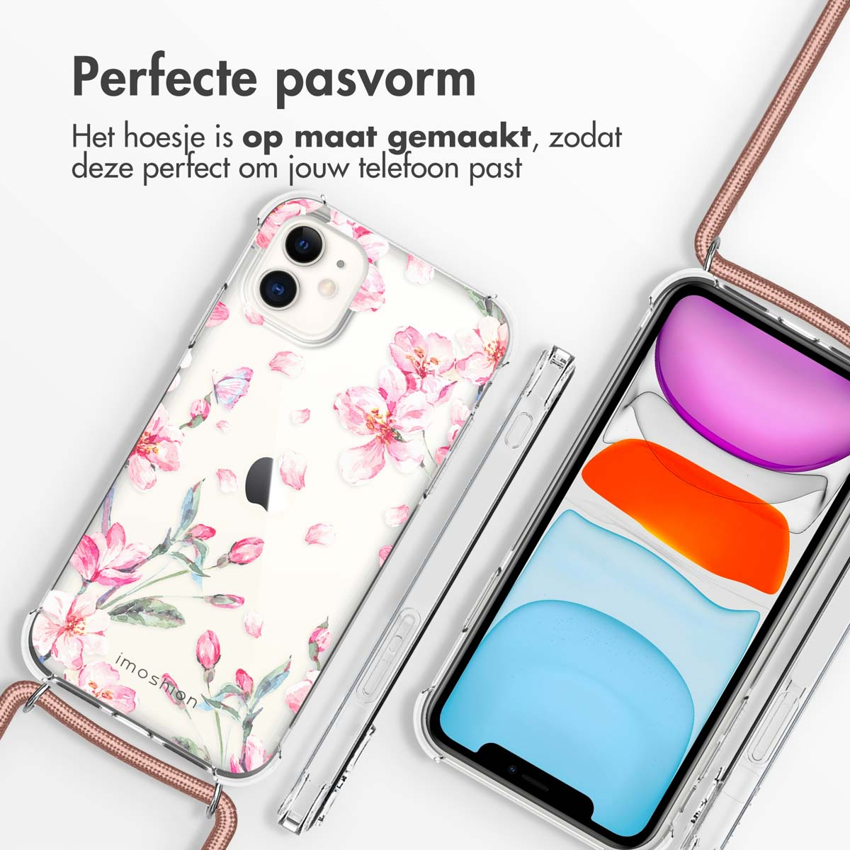 Twee telefoonhoesjes met bloemmotieven, één op een witte iPhone en een ander plat op een oppervlak.