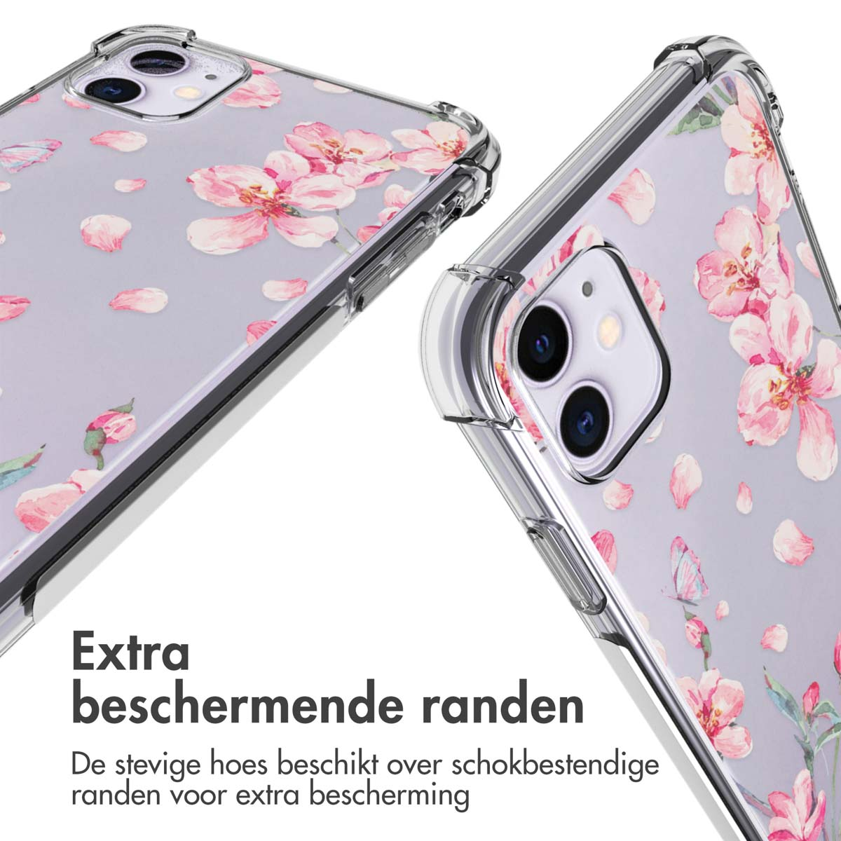 Twee transparante telefoonhoesjes met roze bloempatronen, close-up, schuine hoek.