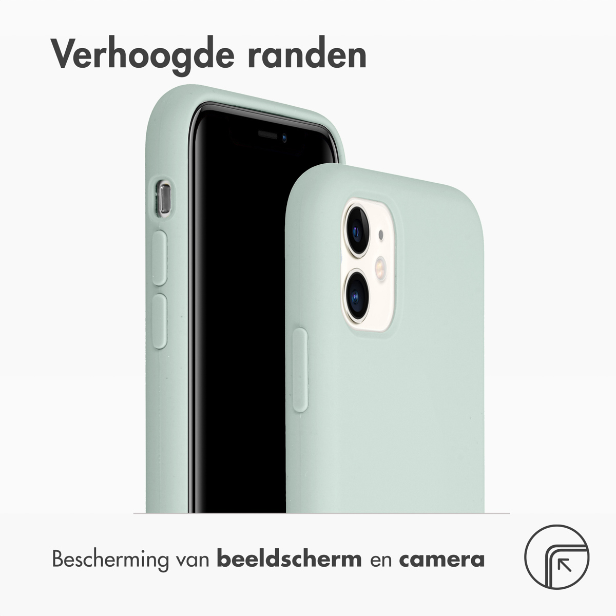 Deux coques de téléphone vert menthe à côté d'un téléphone. Les coques ont des bords surélevés.