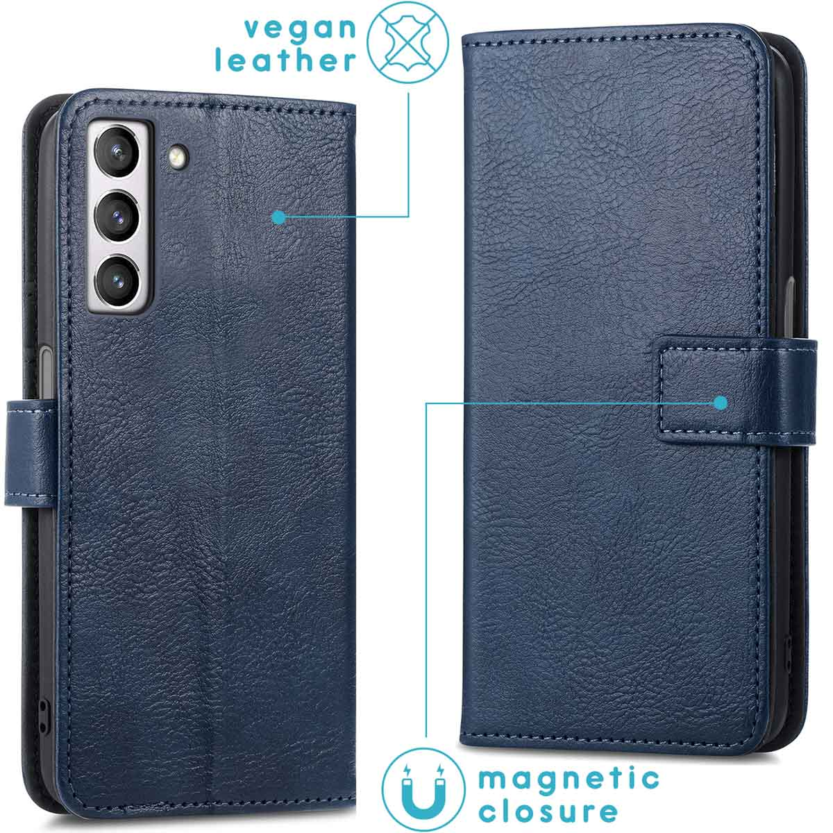 Donkerblauwe vegan leren telefoonhoes met magneetsluiting en camera-uitsparing.