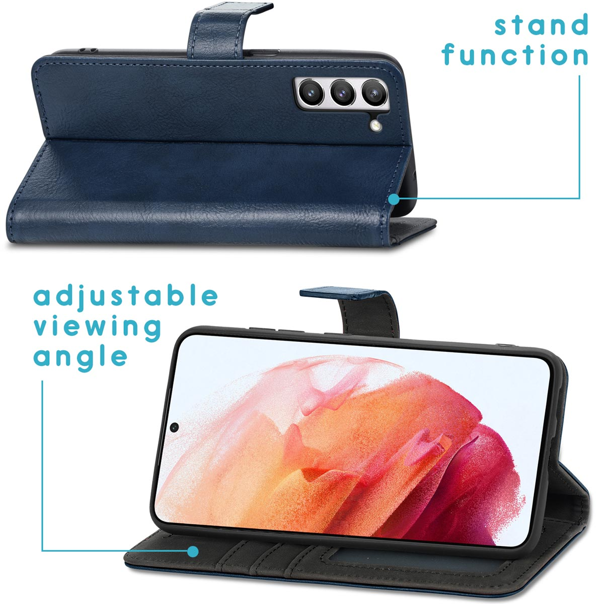 Blauw telefoonhoesje met standaardfunctie en verstelbare kijkhoek.