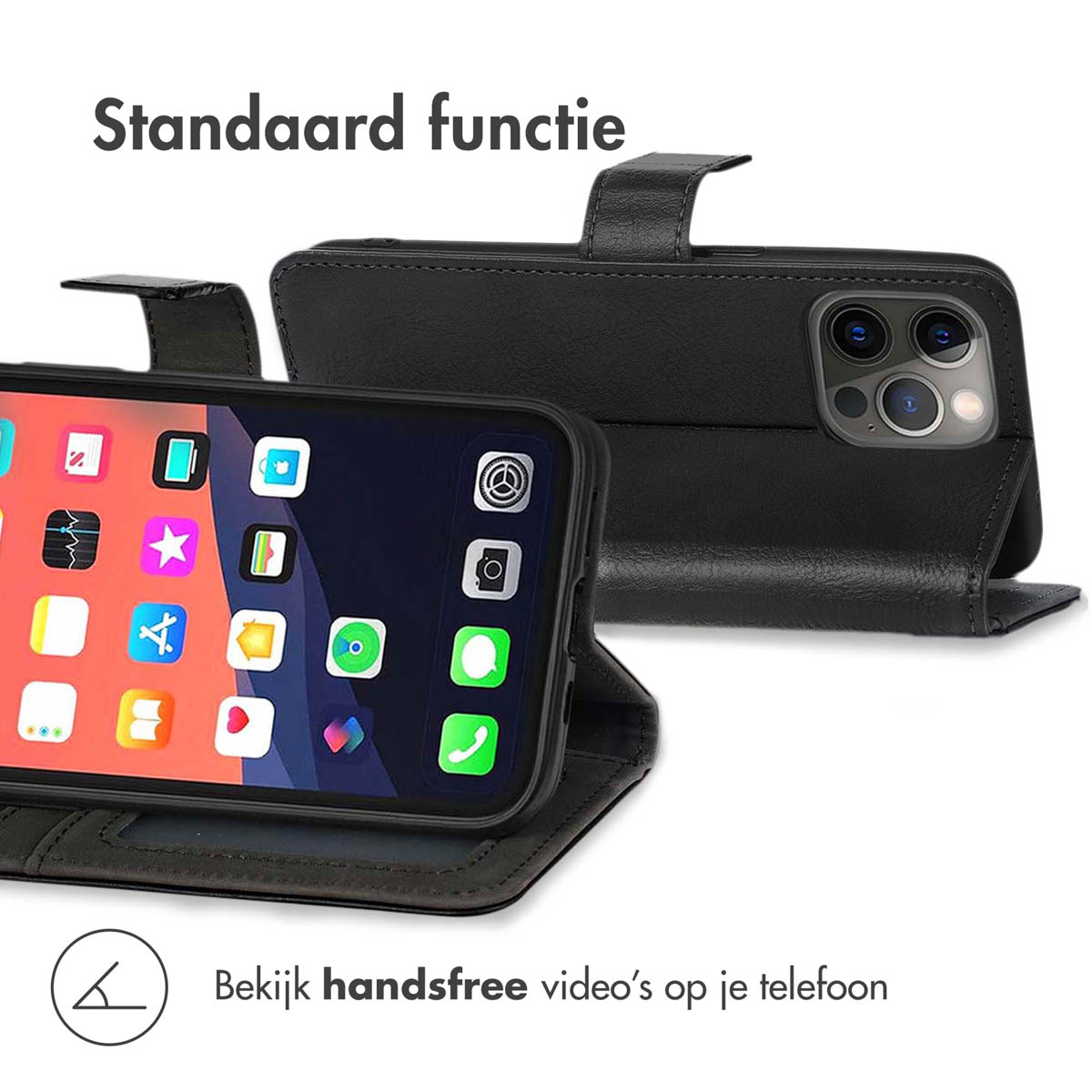 Black phone case shown in landscape, open, with a stand function.