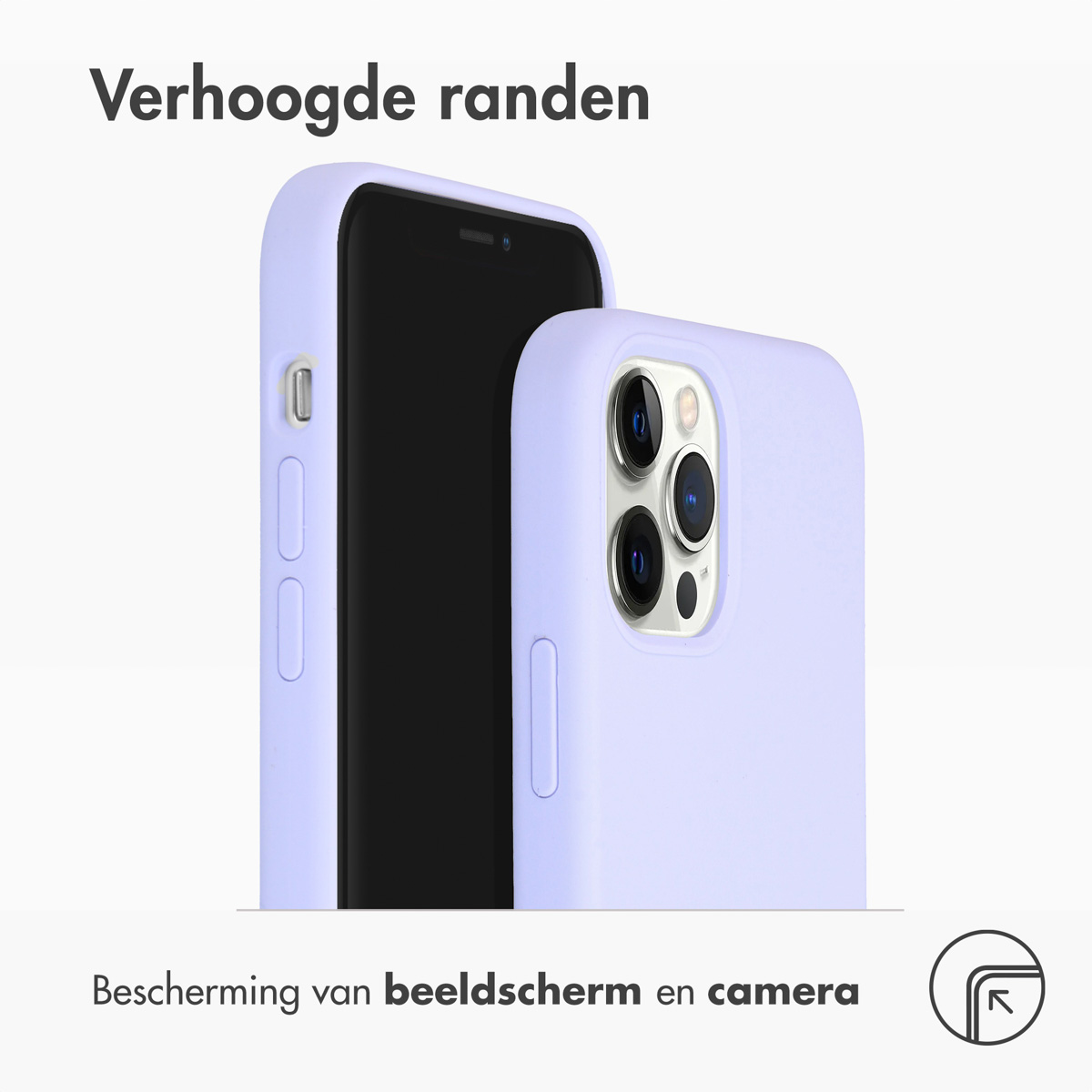 Telefoonhoesje met verhoogde randen. Tekst: bescherming van scherm en camera. Witte achtergrond.