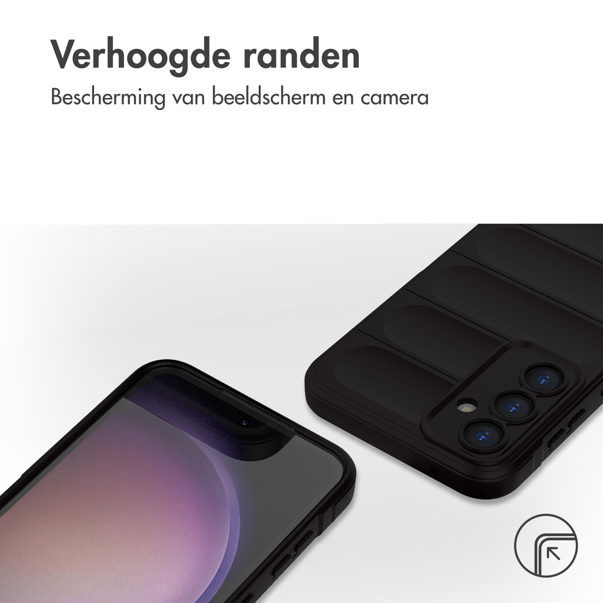 Custodia nera per telefono con bordi rialzati e protezione fotocamera, accanto a uno smartphone.