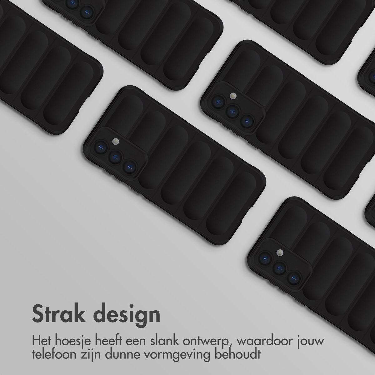 Diverse custodie nere per telefono con design a coste disposte su sfondo grigio chiaro.