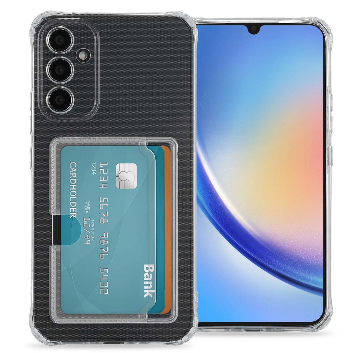 Transparante telefoonhoes met een kaarthouder. Een creditcard zit in de houder. De telefoon staat rechts.