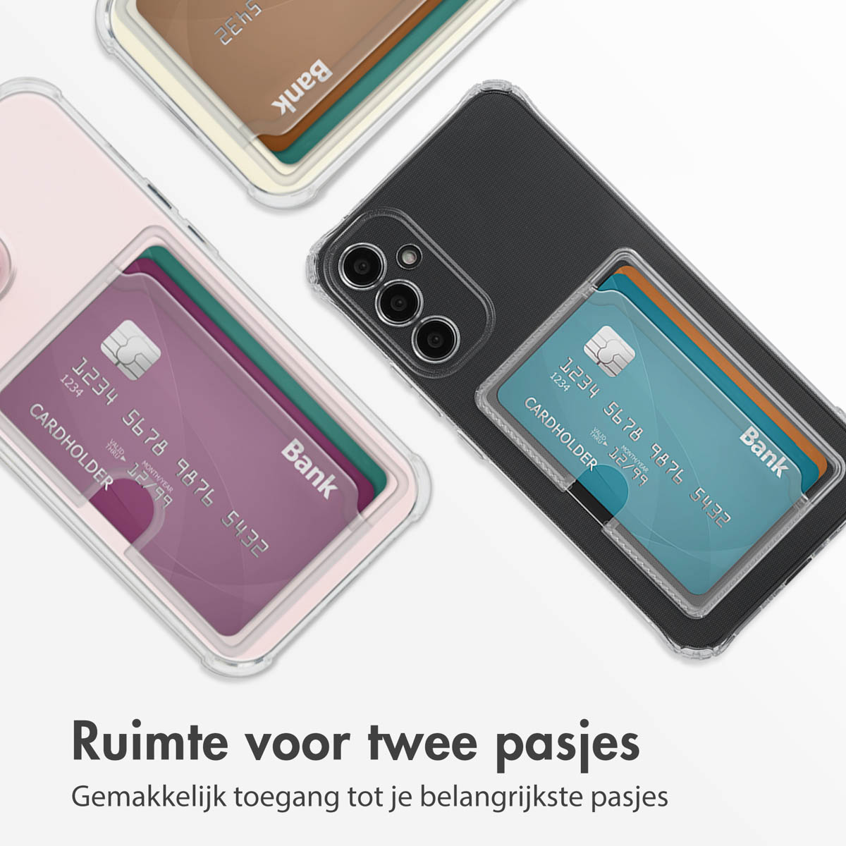 Meerdere telefoonhoesjes met kaarthouders, met kaarten. Verschillende kleuren: bruin, paars en blauw.