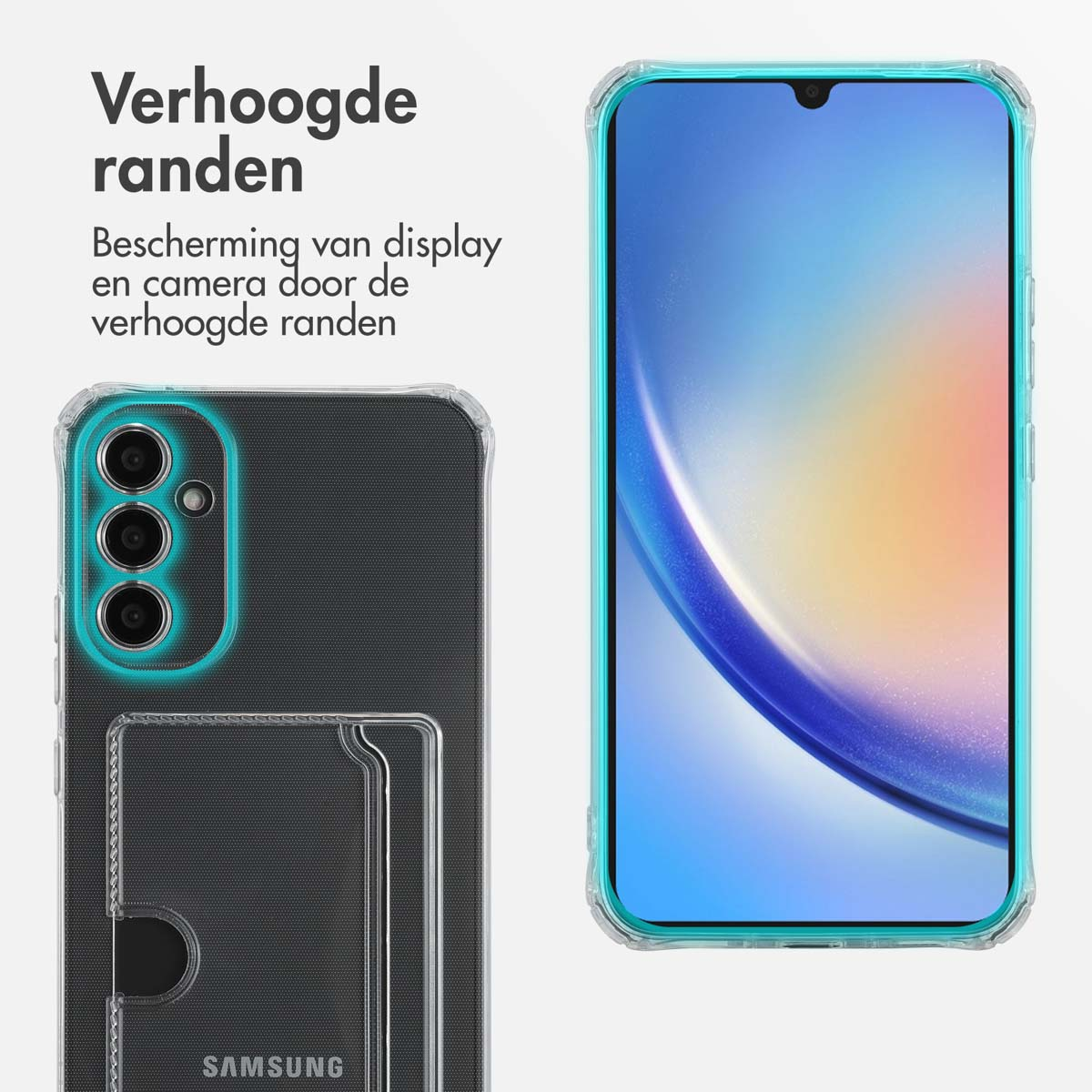 Telefoonhoesje met een doorzichtige achterkant en blauwe rand. Het telefoonscherm is zichtbaar. De hoes zit op de telefoon met kaartsleuven.