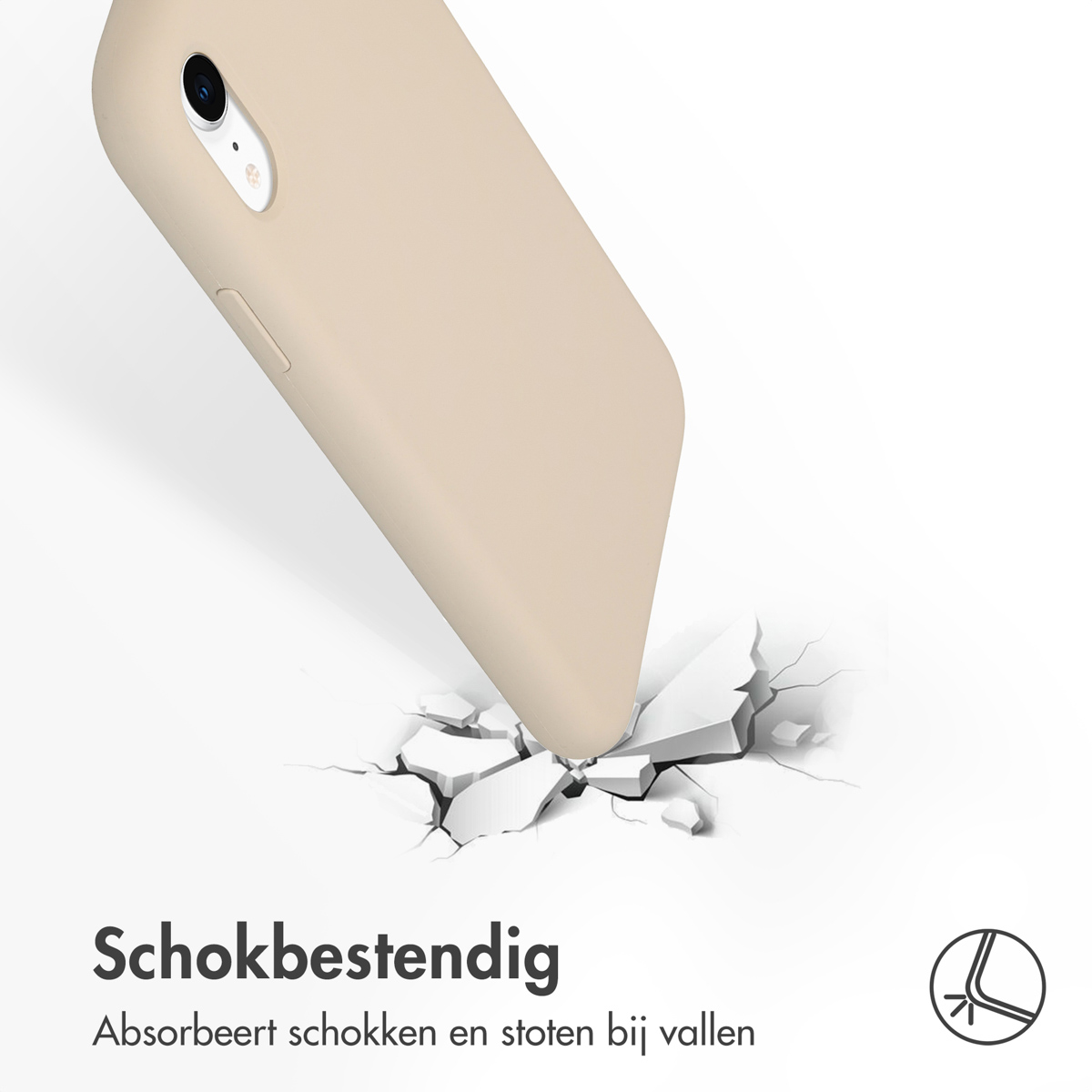 Un étui de téléphone beige frappe le sol, brisant la surface en dessous.