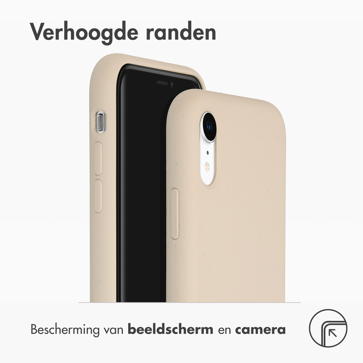 Téléphone dans un étui. L'étui beige protège l'écran et l'appareil photo. Texte : Bords surélevés.