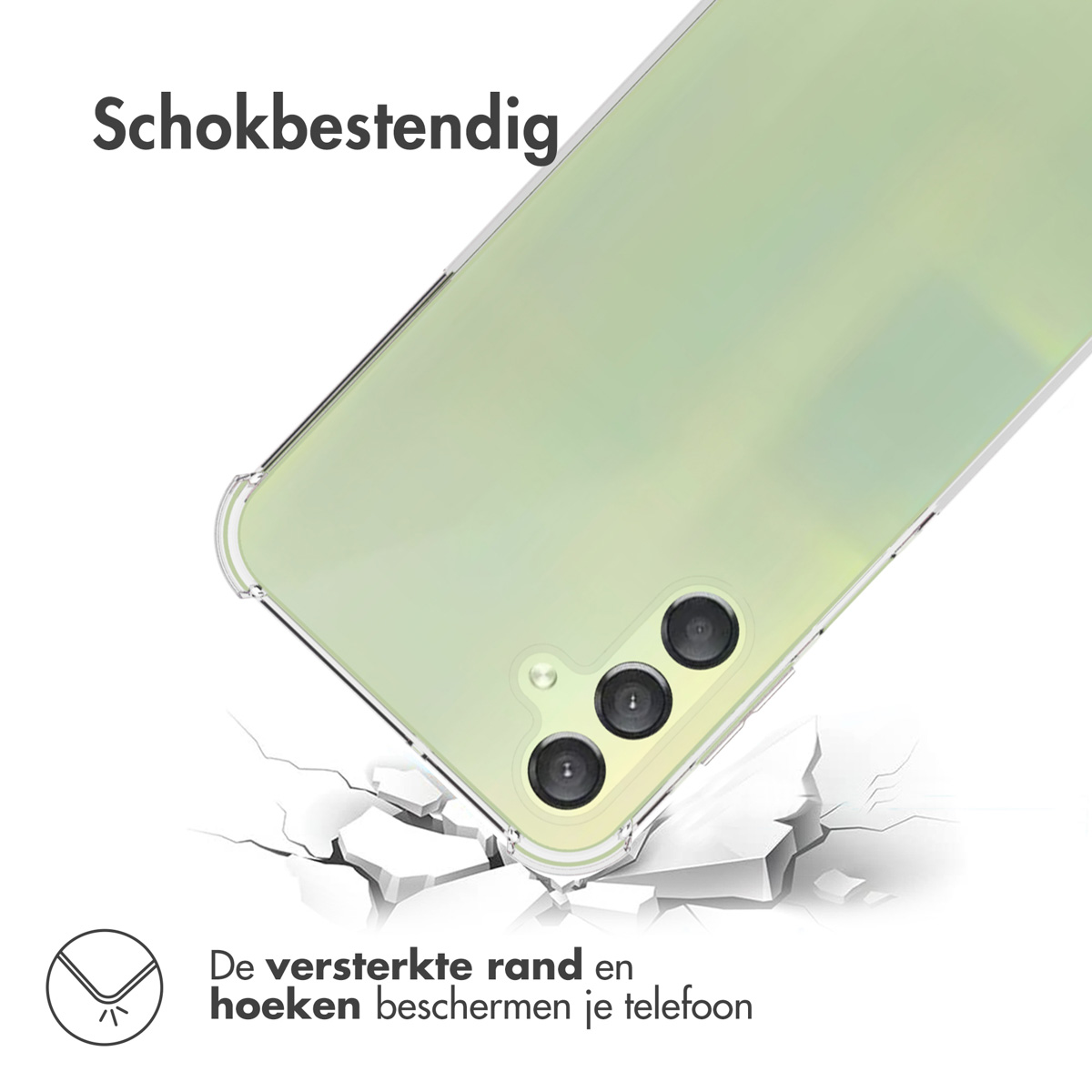 Une coque de téléphone transparente, avec une teinte verte, brise une surface. Elle a trois caméras.