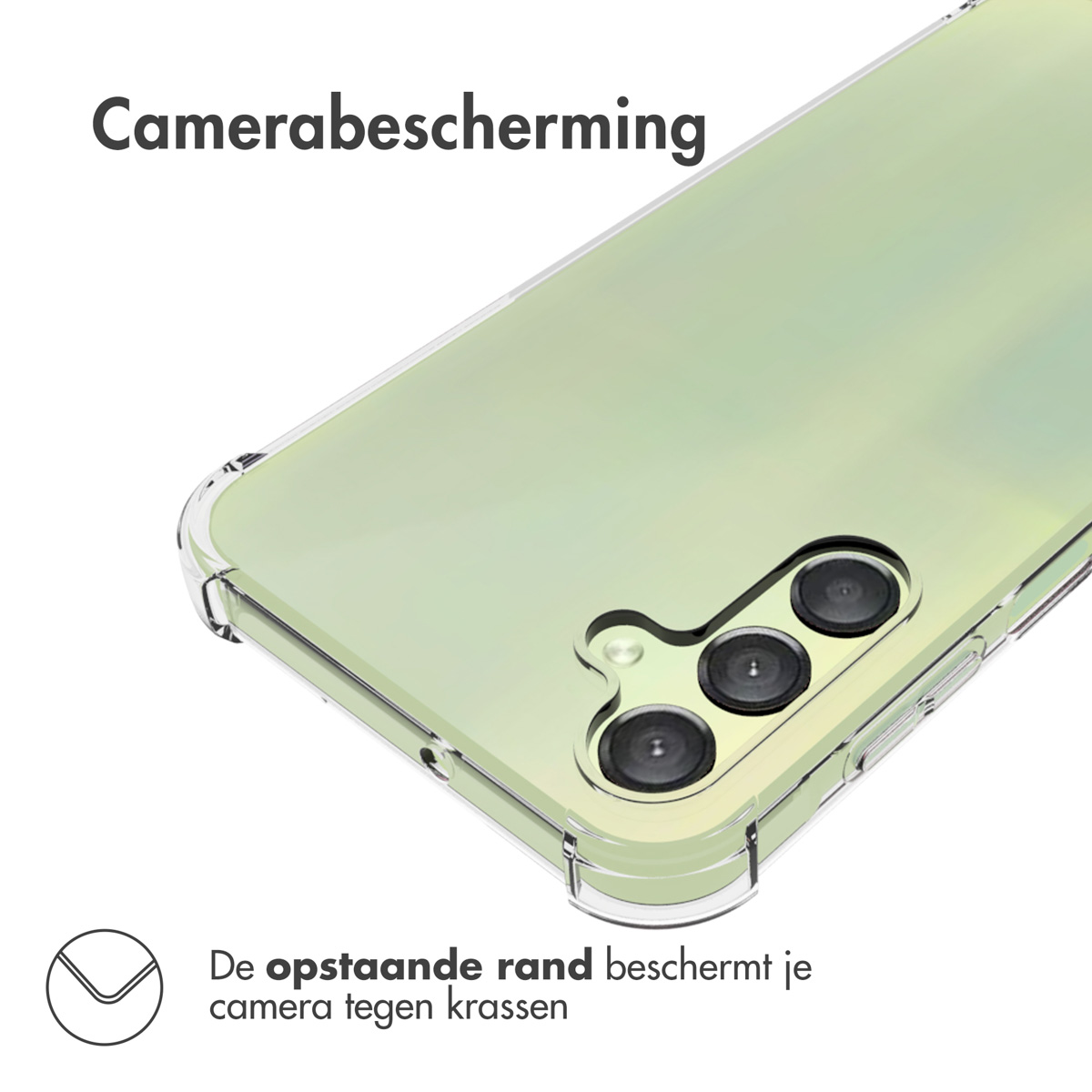 Coque de téléphone transparente avec un téléphone vert. L'étui a une protection. Fond blanc.