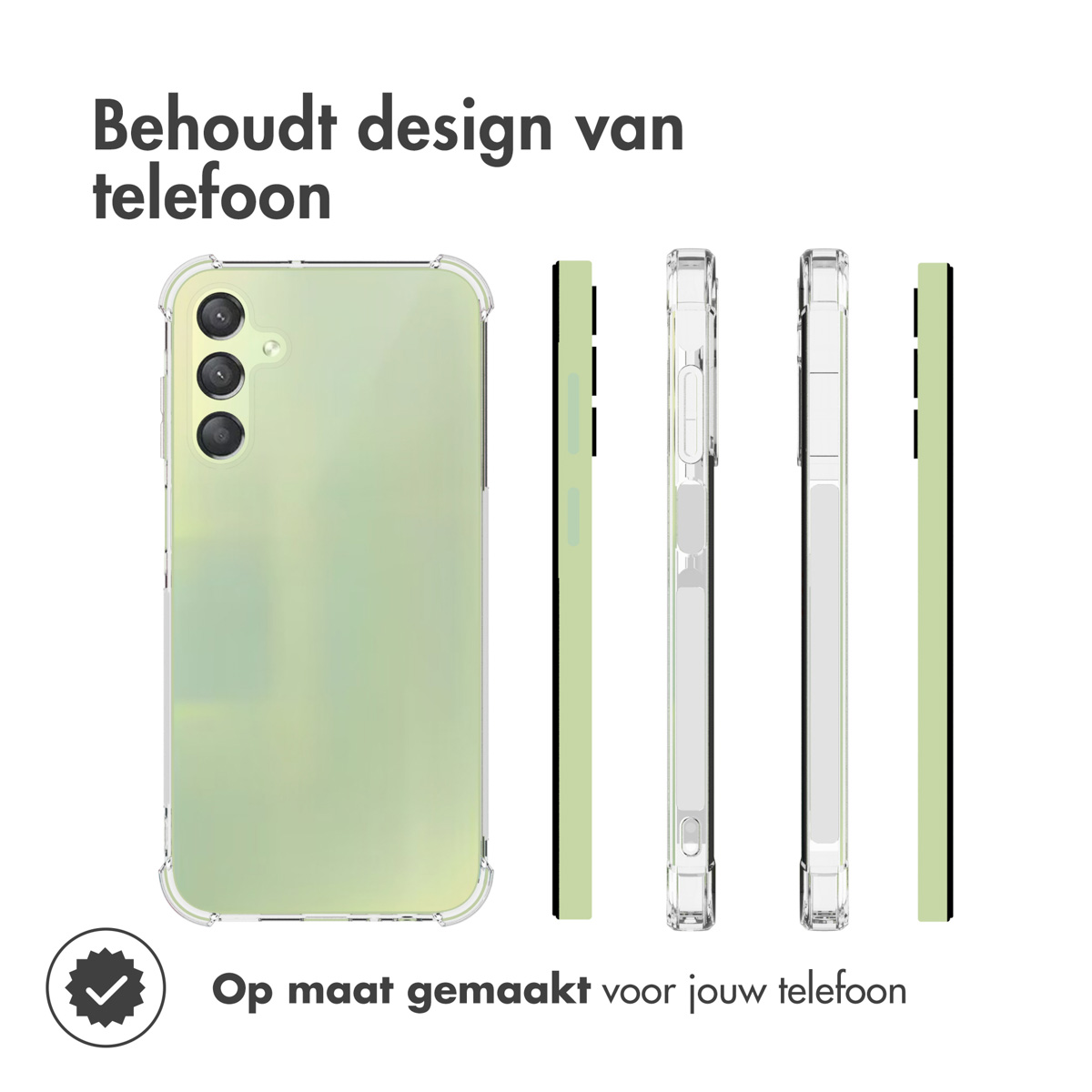 Coque de téléphone. Elle est transparente, montrant le téléphone. Texte en haut : 'Maintient le design du téléphone'.