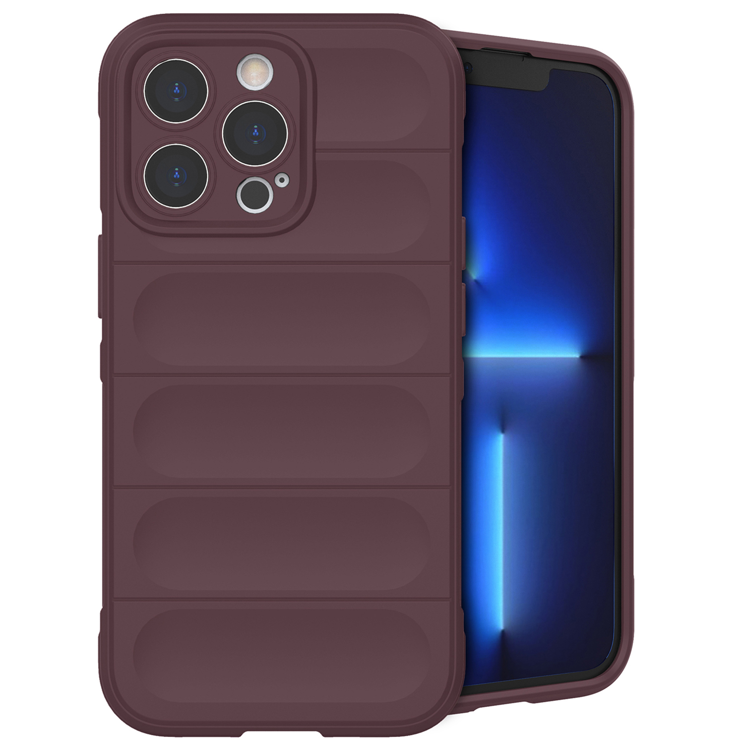 Burgunderfarbene Handyhülle mit horizontalen Rippen, die ein Telefon bedeckt. Das Telefon hat mehrere Kameralinsen.