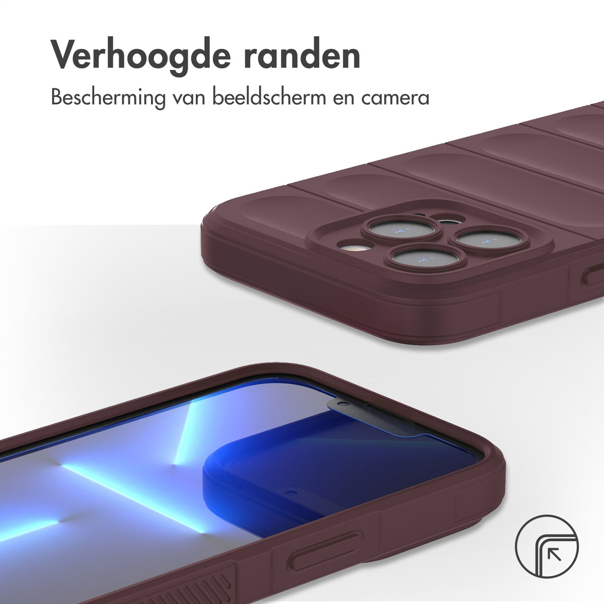 Handyhülle mit einem Telefon. Die Hülle ist dunkelrot. Der Hintergrund ist weiß. Das Telefon ist blau.