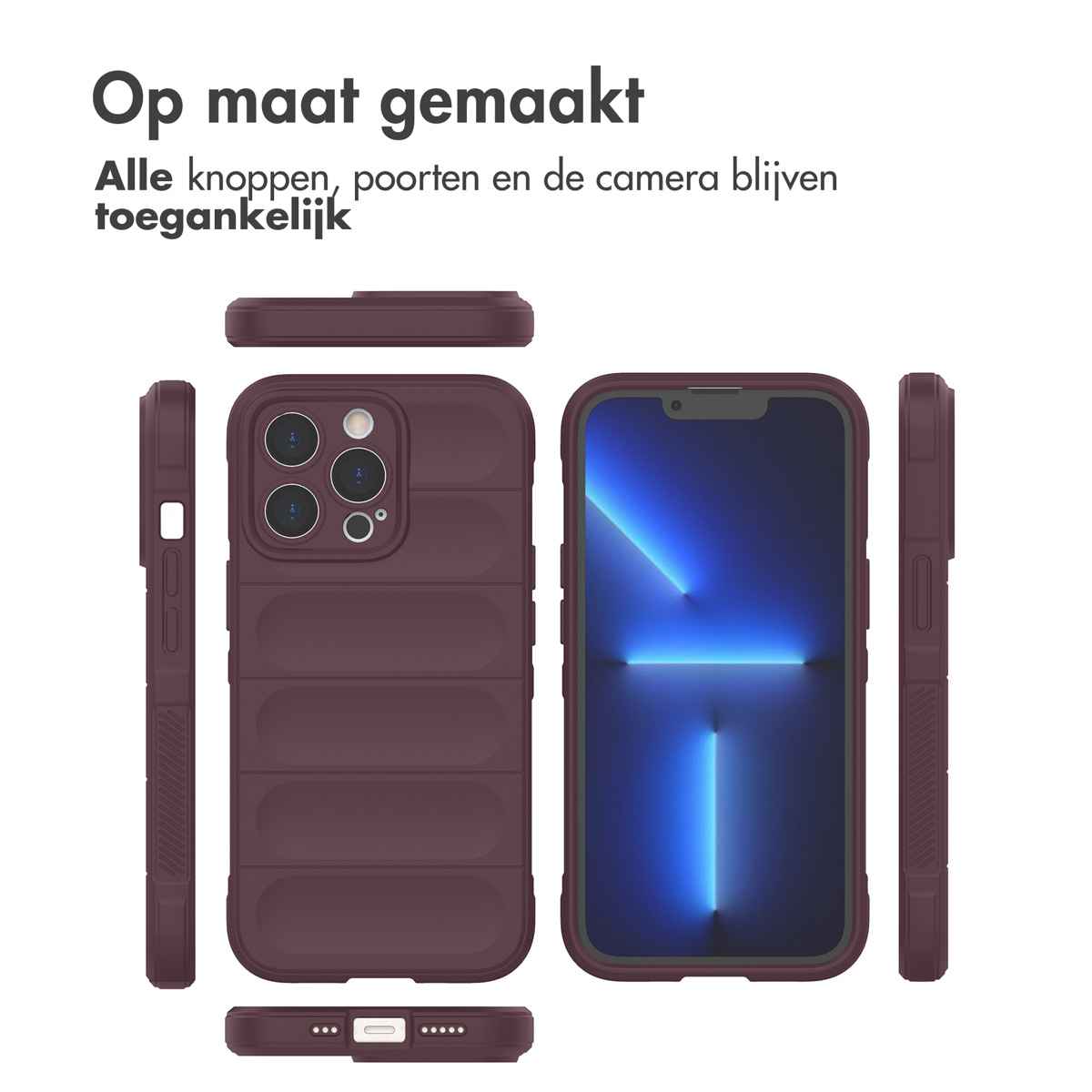 Telefon in kastanienbrauner Hülle, mehrere Ansichten, alle Tasten/Anschlüsse zugänglich.