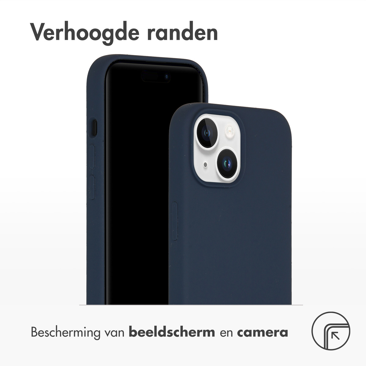 Deux smartphones dans des étuis bleu foncé. Texte en haut : « Bords surélevés ». Texte en bas : « Protection de l'écran et de l'appareil photo ».