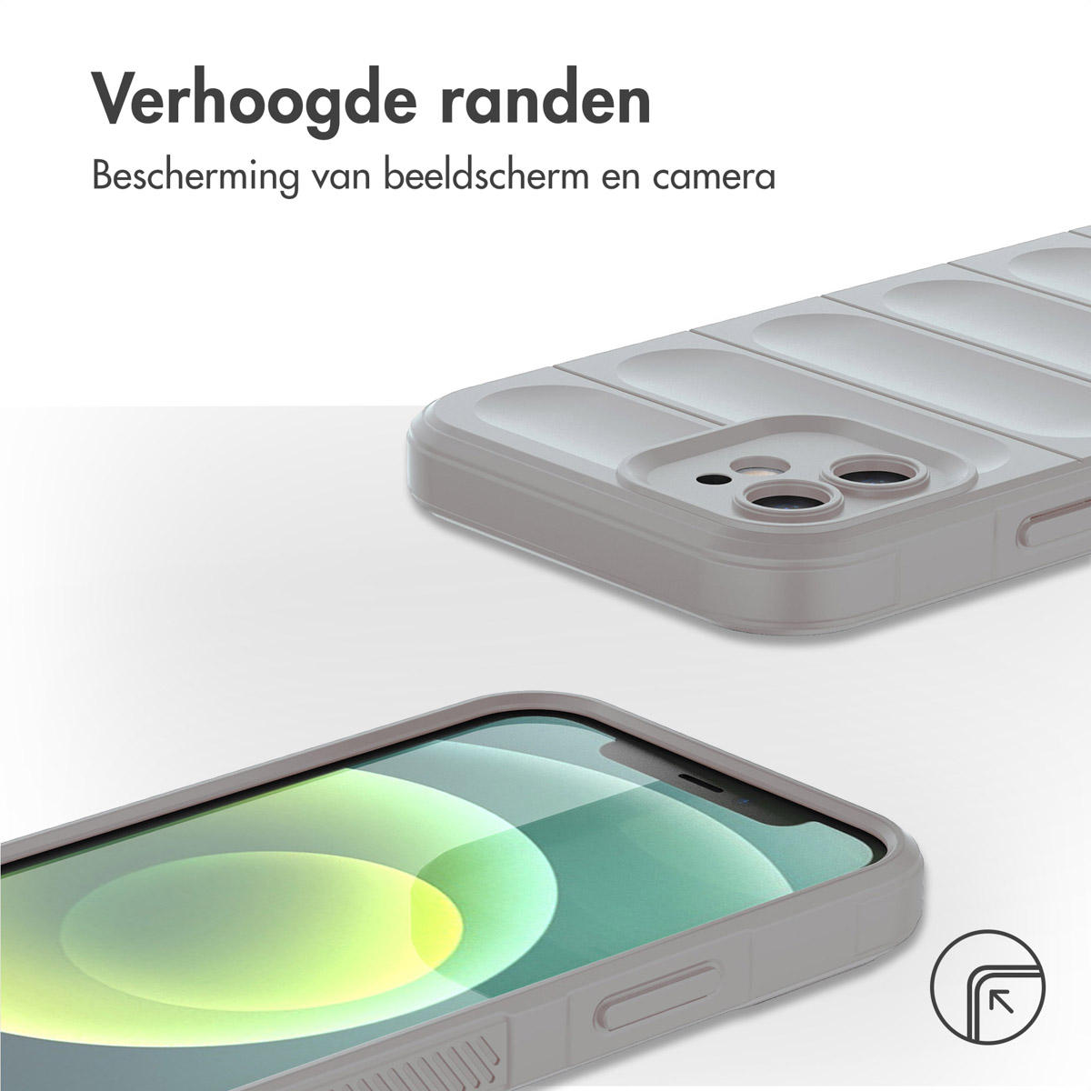 Grijze telefoonhoes met verhoogde randen beschermt scherm en camera.
