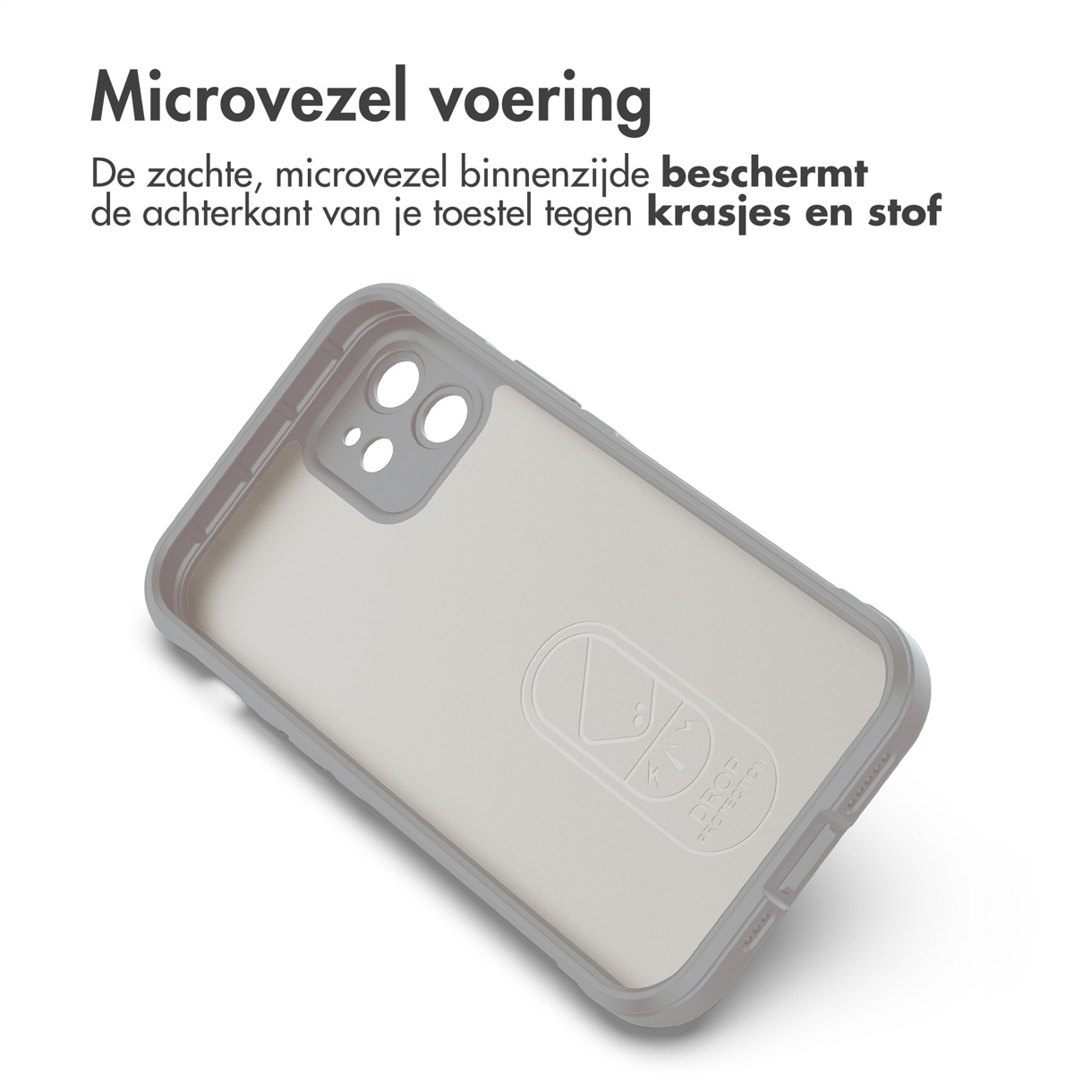 Grijze telefoonhoes met microvezel voering en camera-uitsparing.