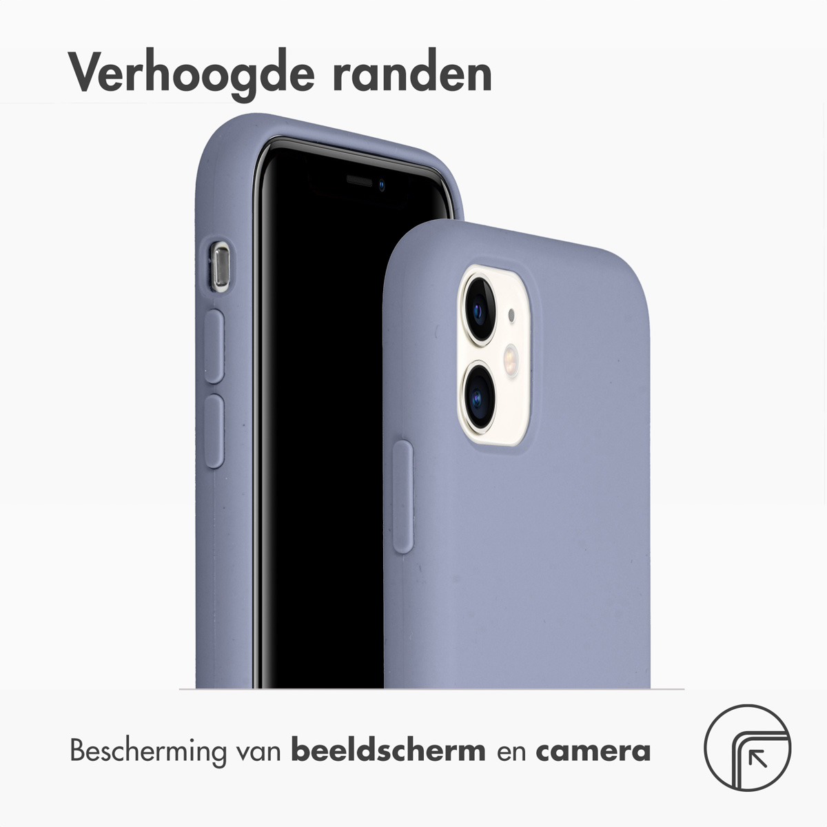 Twee telefoons in blauwe hoesjes. Beide telefoons hebben zwarte schermen. Eén heeft cameralenzen.