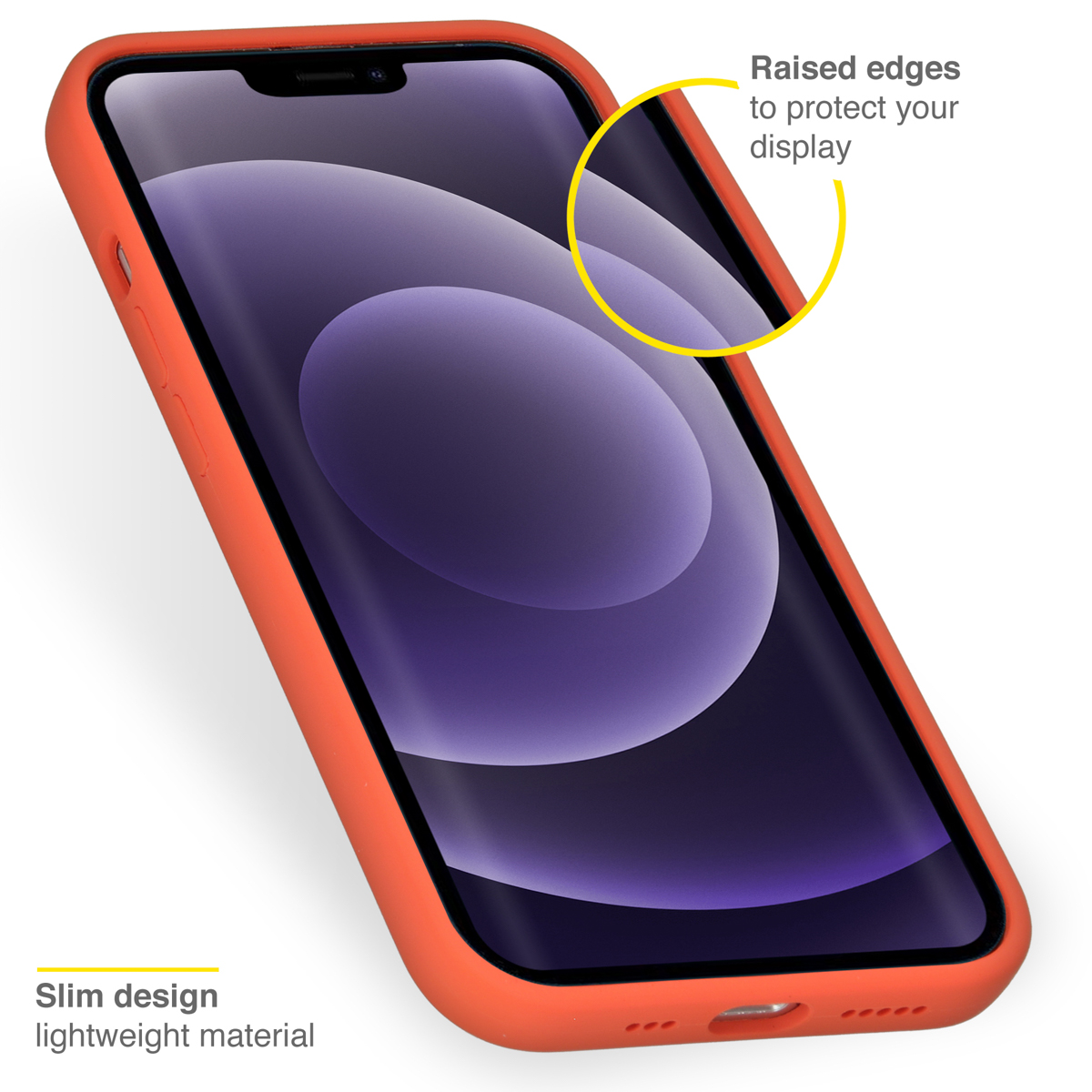 Oranje telefoonhoesje op een telefoon. Label bovenaan zegt verhoogde randen om je scherm te beschermen.