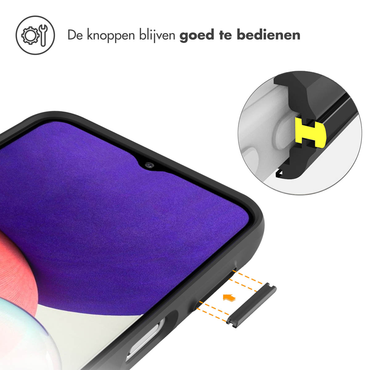 Close-up van telefoonhoesje met telefoon erin. De knoppen zijn gemakkelijk toegankelijk en te gebruiken.