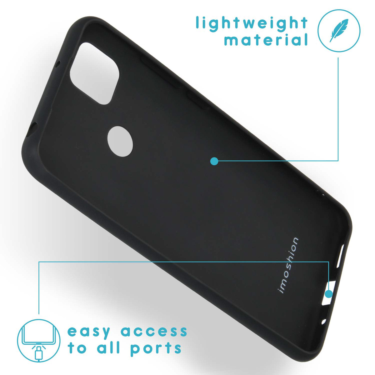 Een zwarte telefoonhoes met uitsparingen voor camera en poorten.