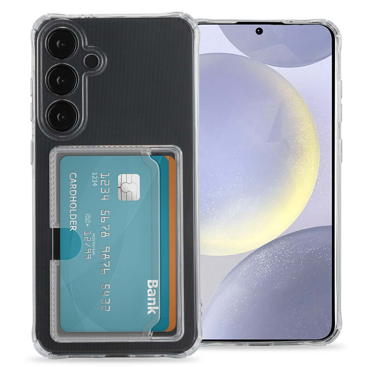 Téléphone dans une coque transparente, avec un porte-cartes. Une carte avec un logo bancaire est à l'intérieur.