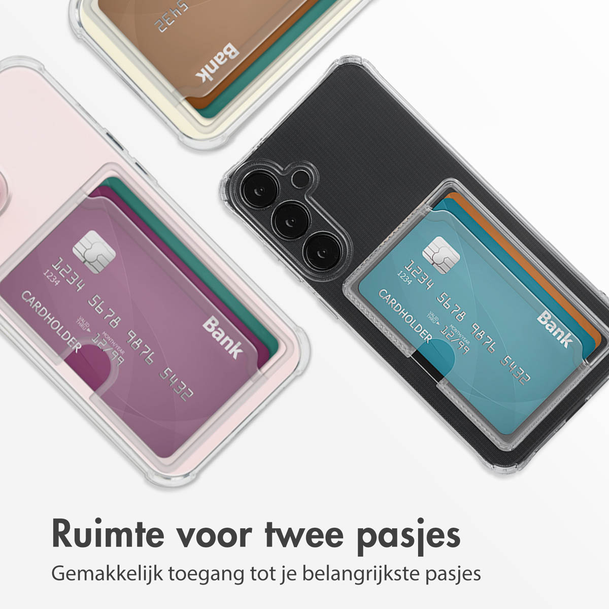 Trois téléphones avec des porte-cartes. L'un est rose, l'un marron et l'un noir. Chacun a une carte.