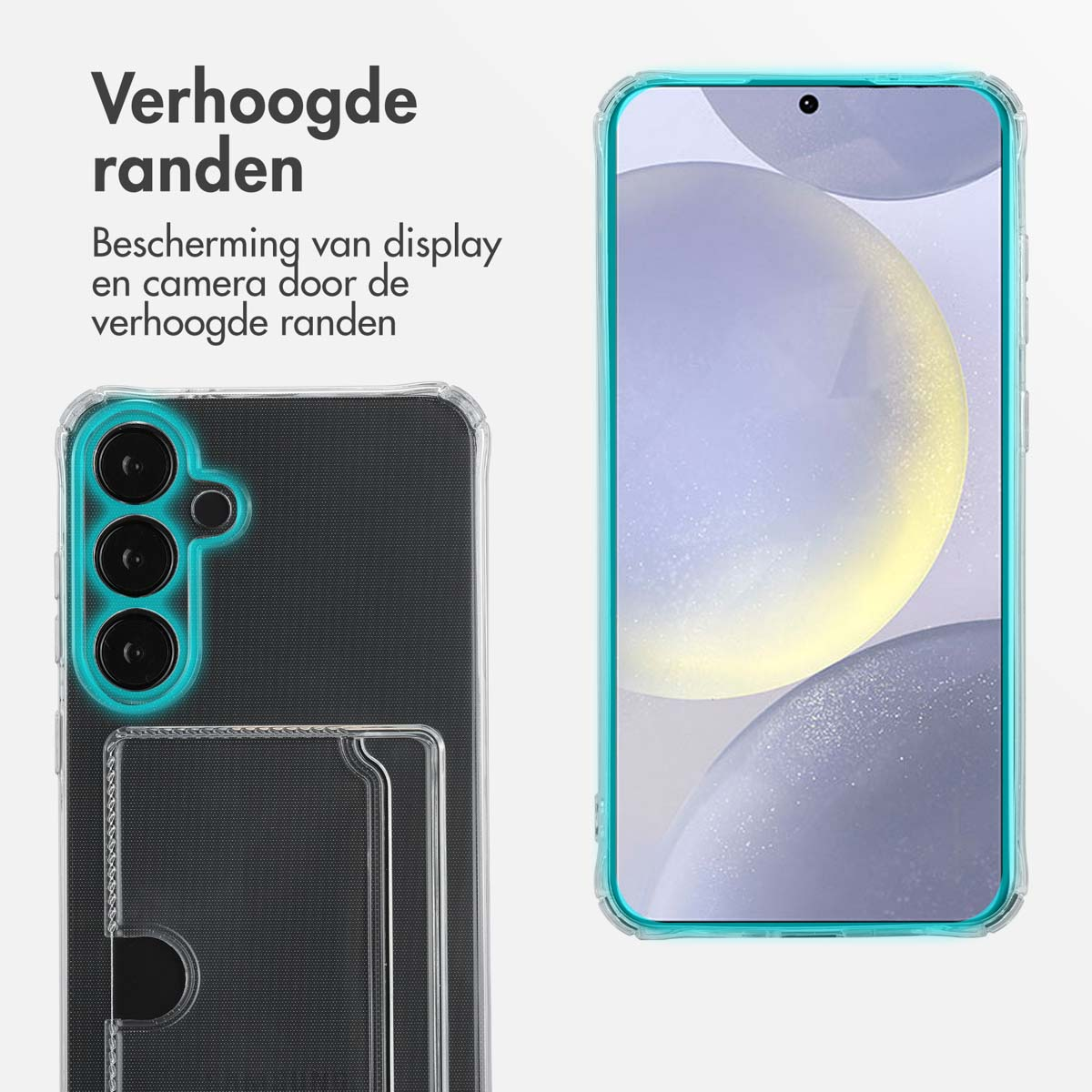Étui de téléphone avec téléphone et porte-cartes. L'étui a une bordure verte, écran du téléphone visible.