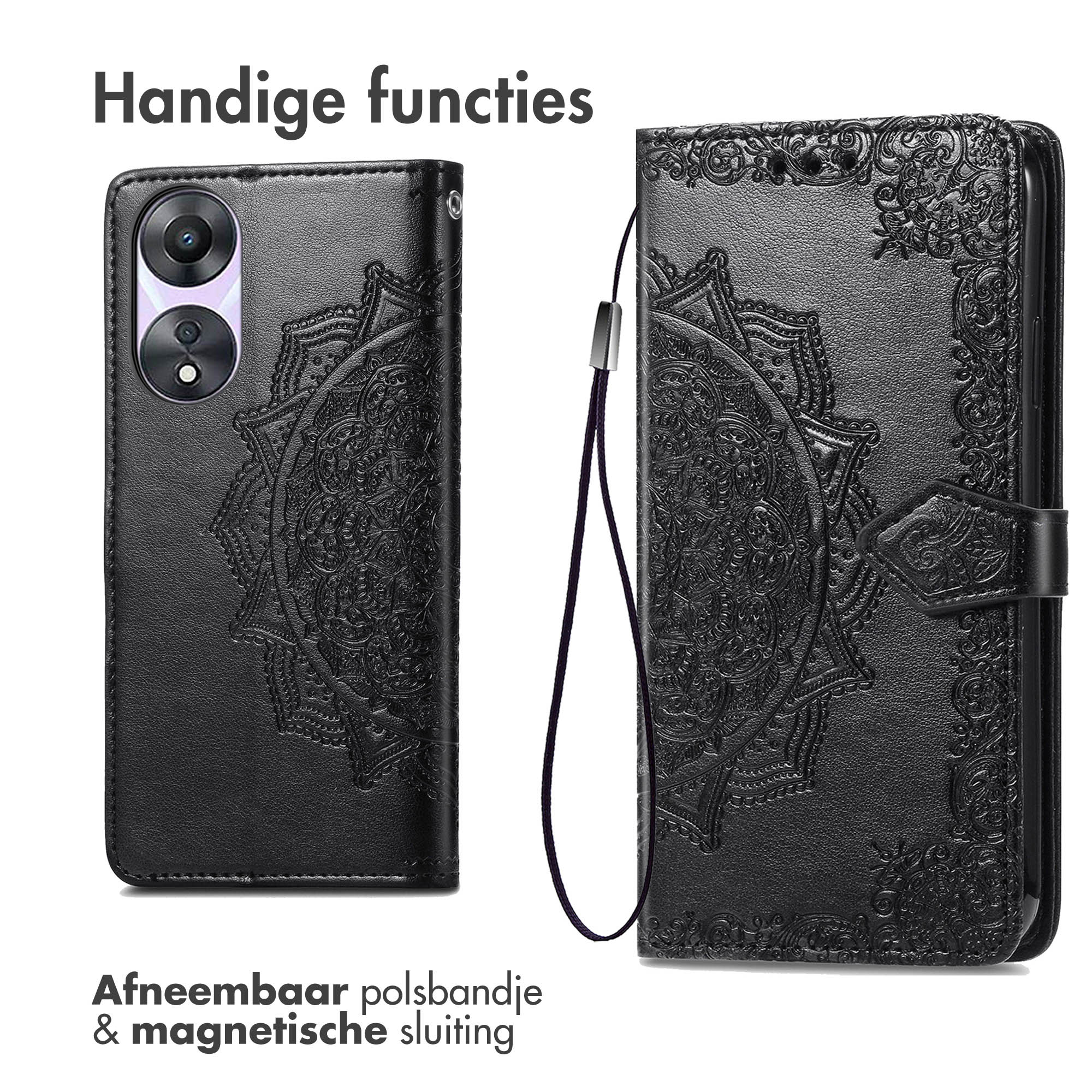 Zwarte telefoonhoes open. Mandalamotief en polsbandje.