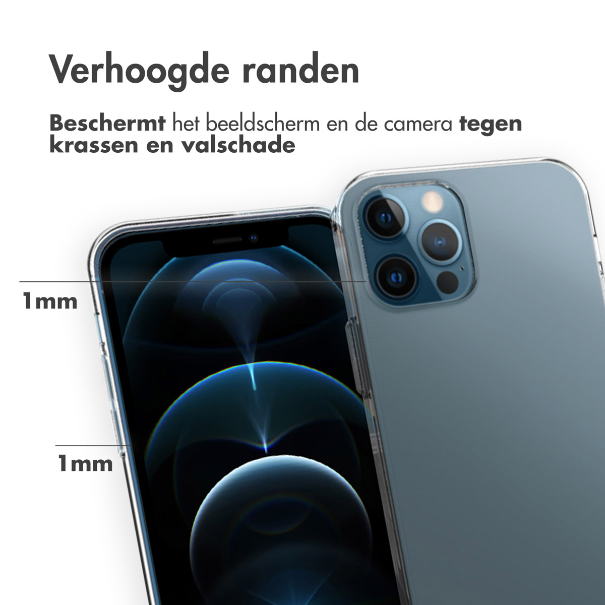 Phone with case, showing raised edges. The screen is protected.