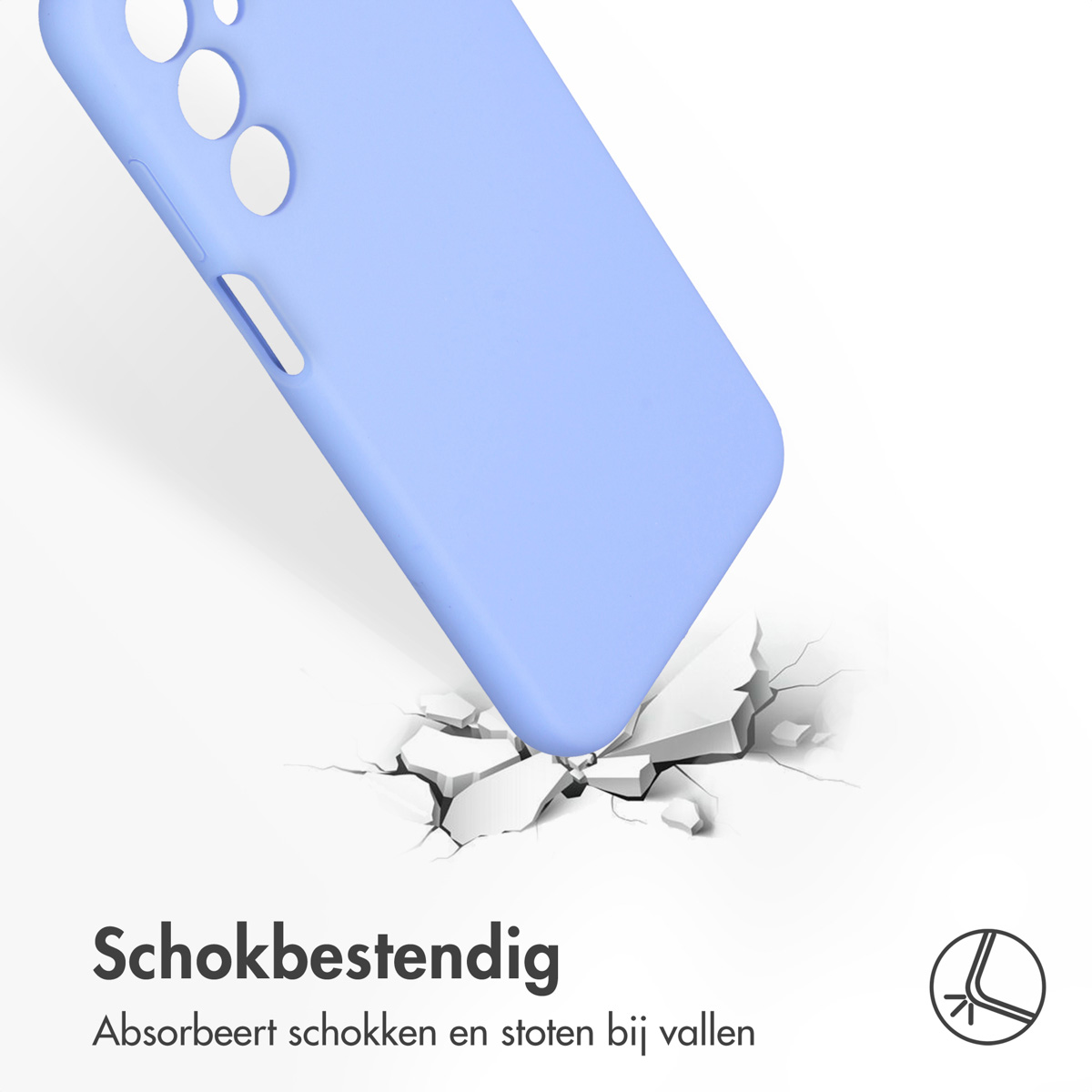 Blauwe telefoonhoes valt, breekt de grond. Afbeelding toont schokbestendigheid.