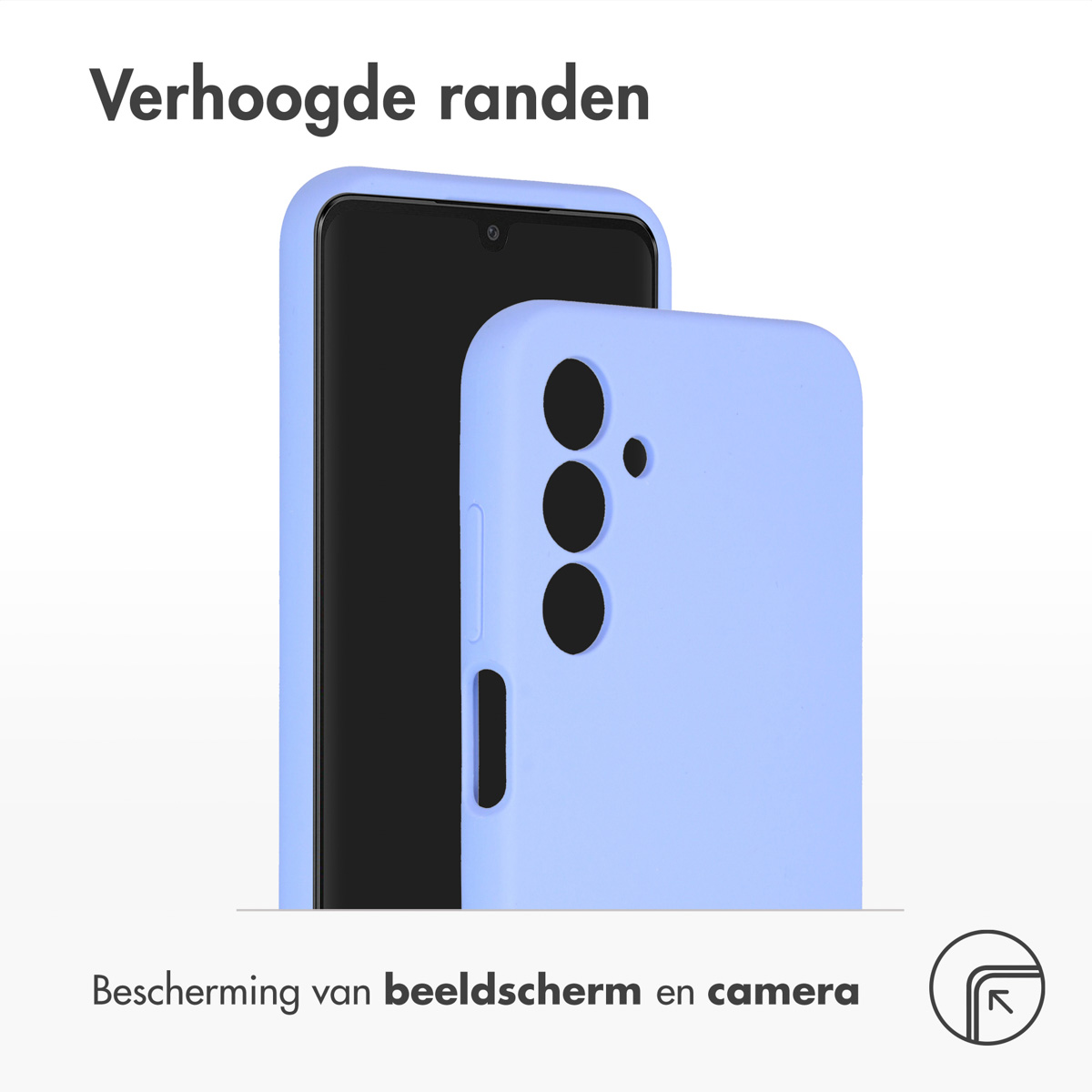 Een lichtblauwe telefoonhoes en een telefoon. De telefoon is zwart en heeft een scherm.