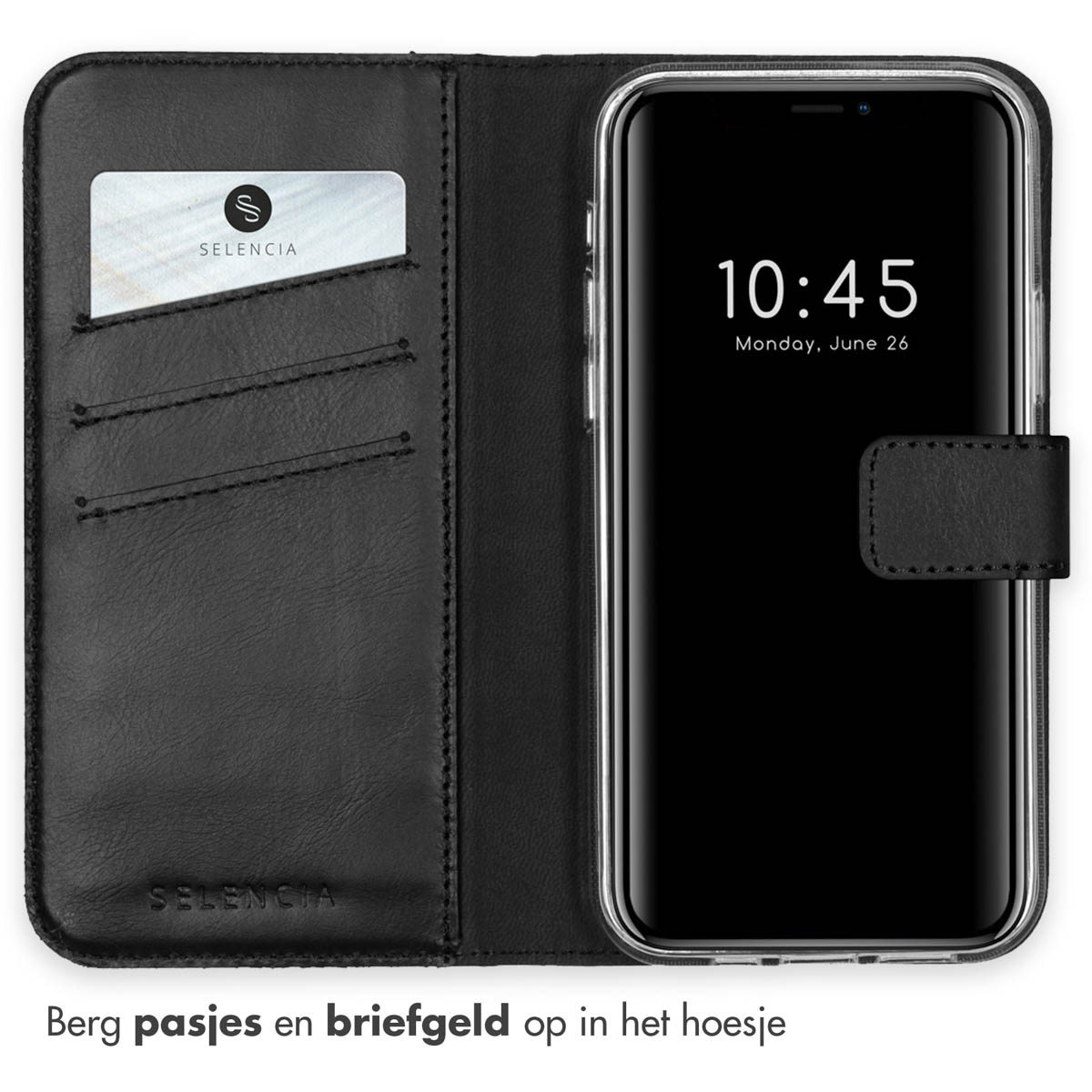 Schwarzes Leder-Portemonnaie-Hülle mit einem Smartphone. Eine Karte mit dem SELENCIA-Logo.