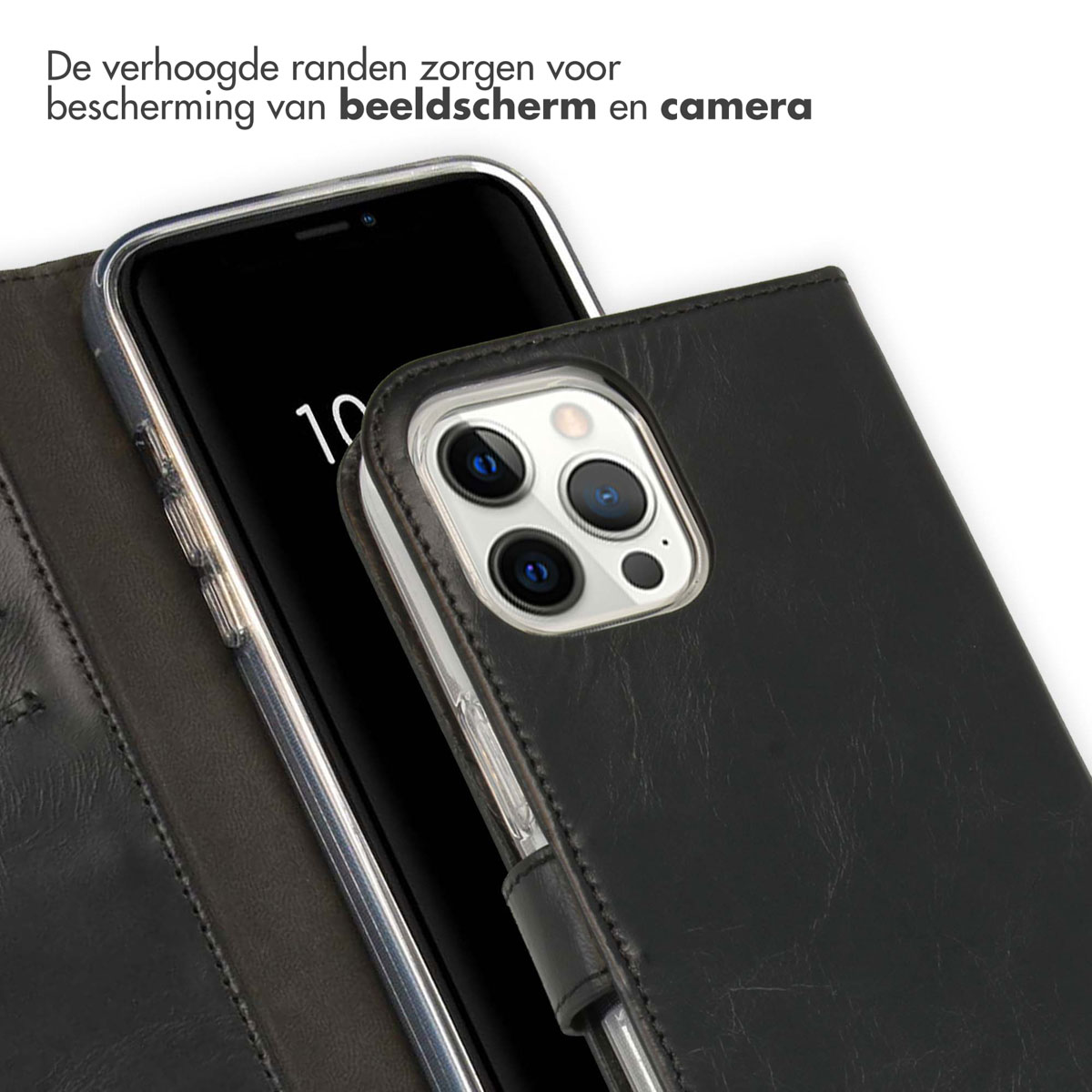 Schwarzes Leder-Flip-Case für ein Smartphone mit Kamera-Ausschnitt.