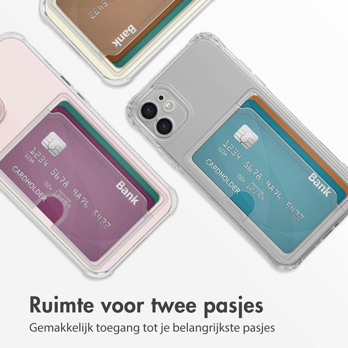Transparante telefoonhoesjes met zichtbare kaarten. Eén roze, één blauw en één beige, met bankpassen erin. Achtergrond is licht.